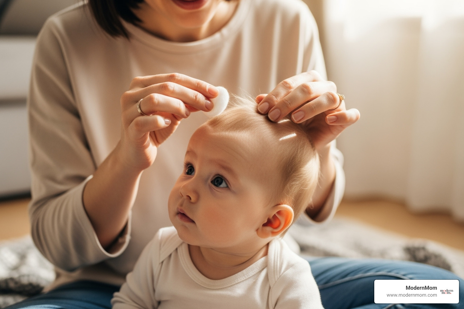 parent gently applying oil to a baby's scalp with a cotton ball - cradle cap home remedies