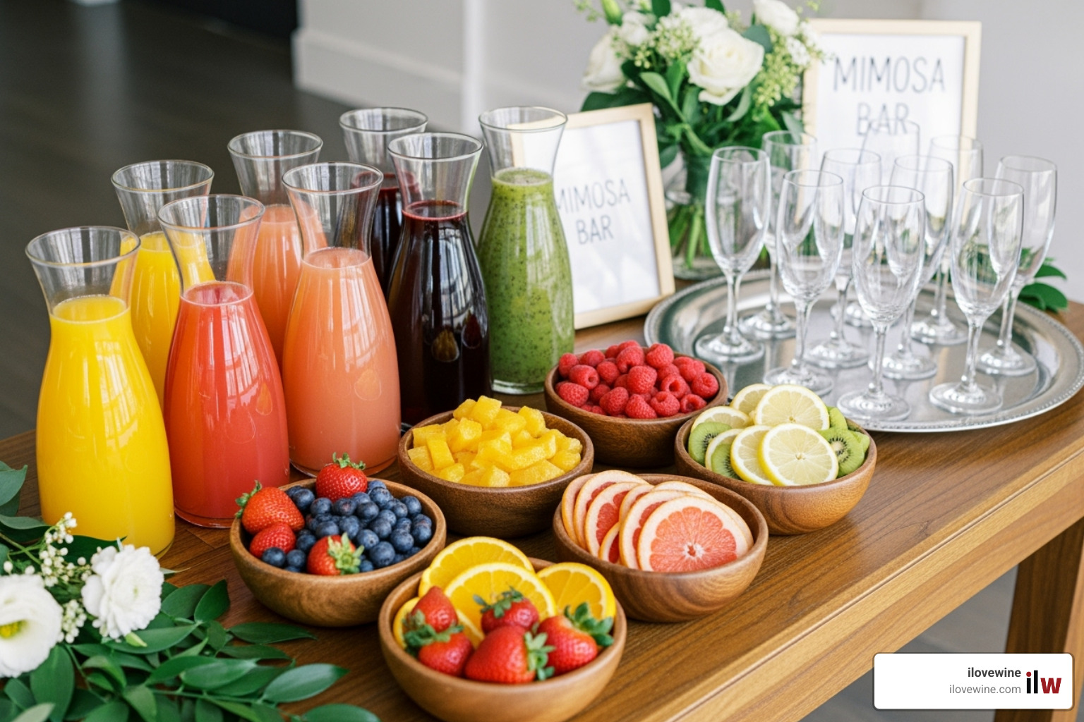 a mimosa bar with various juices and garnishes - best wine for mimosas a mimosa bar with various juices and garnishes - best wine for mimosas