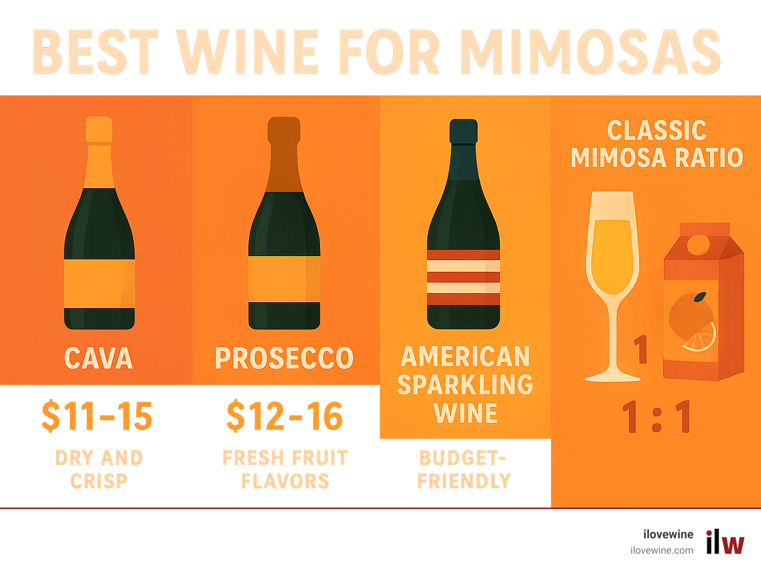Infographic showing the best sparkling wines for mimosas with price ranges, flavor profiles, and mimosa ratios including Cava at $11-15, Prosecco at $12-16, and American sparkling wine options, plus the classic 1:1 wine to juice ratio - best wine for mimosas infographic Infographic showing the best sparkling wines for mimosas with price ranges, flavor profiles, and mimosa ratios including Cava at $11-15, Prosecco at $12-16, and American sparkling wine options, plus the classic 1:1 wine to juice ratio - best wine for mimosas infographic