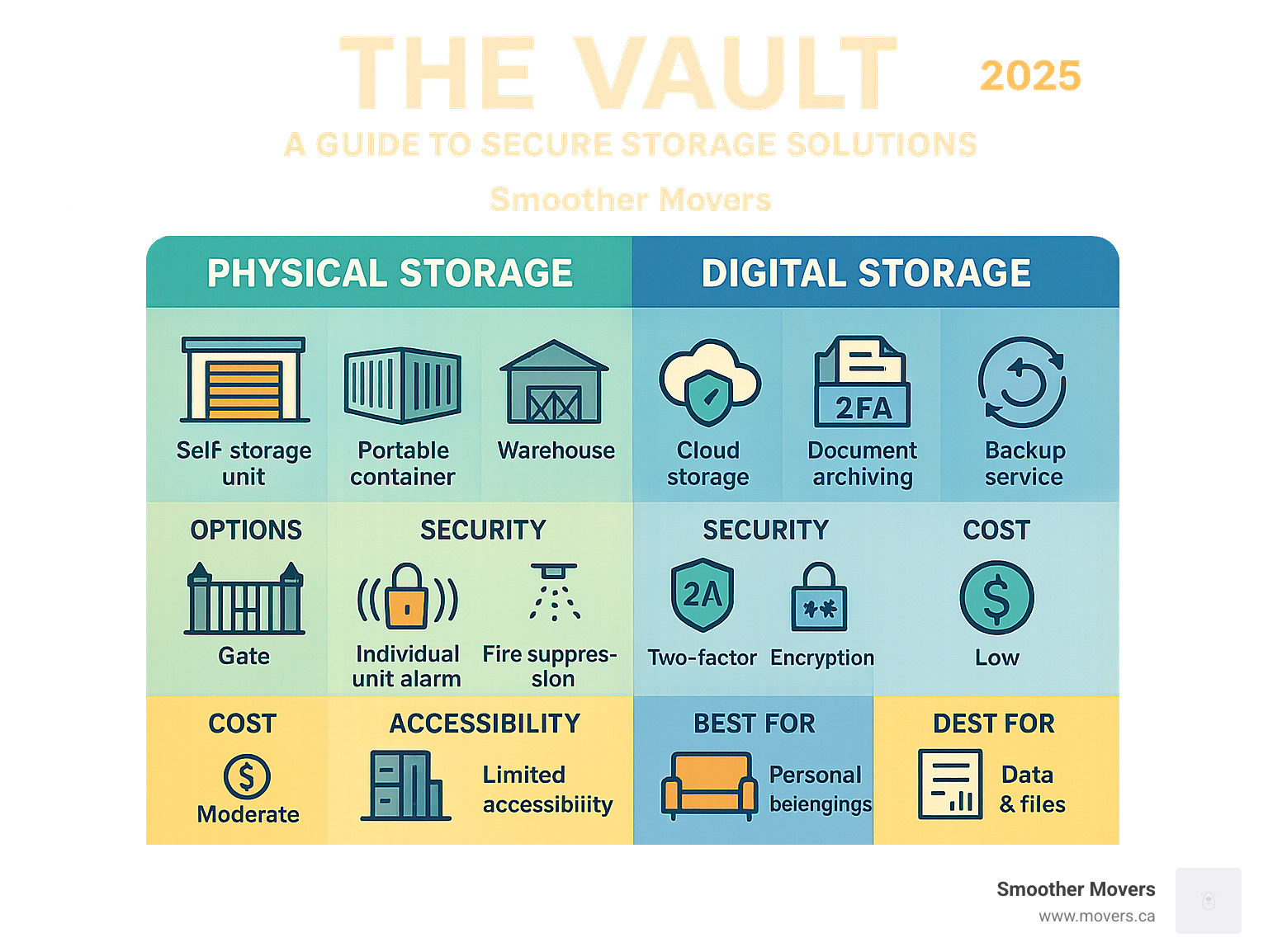 Comprehensive comparison infographic showing physical storage solutions (self-storage units, portable containers, warehouse facilities) versus digital storage solutions (cloud storage, document archiving, backup services) with security features, costs, accessibility, and best use cases for each option - secure storage solutions infographic 