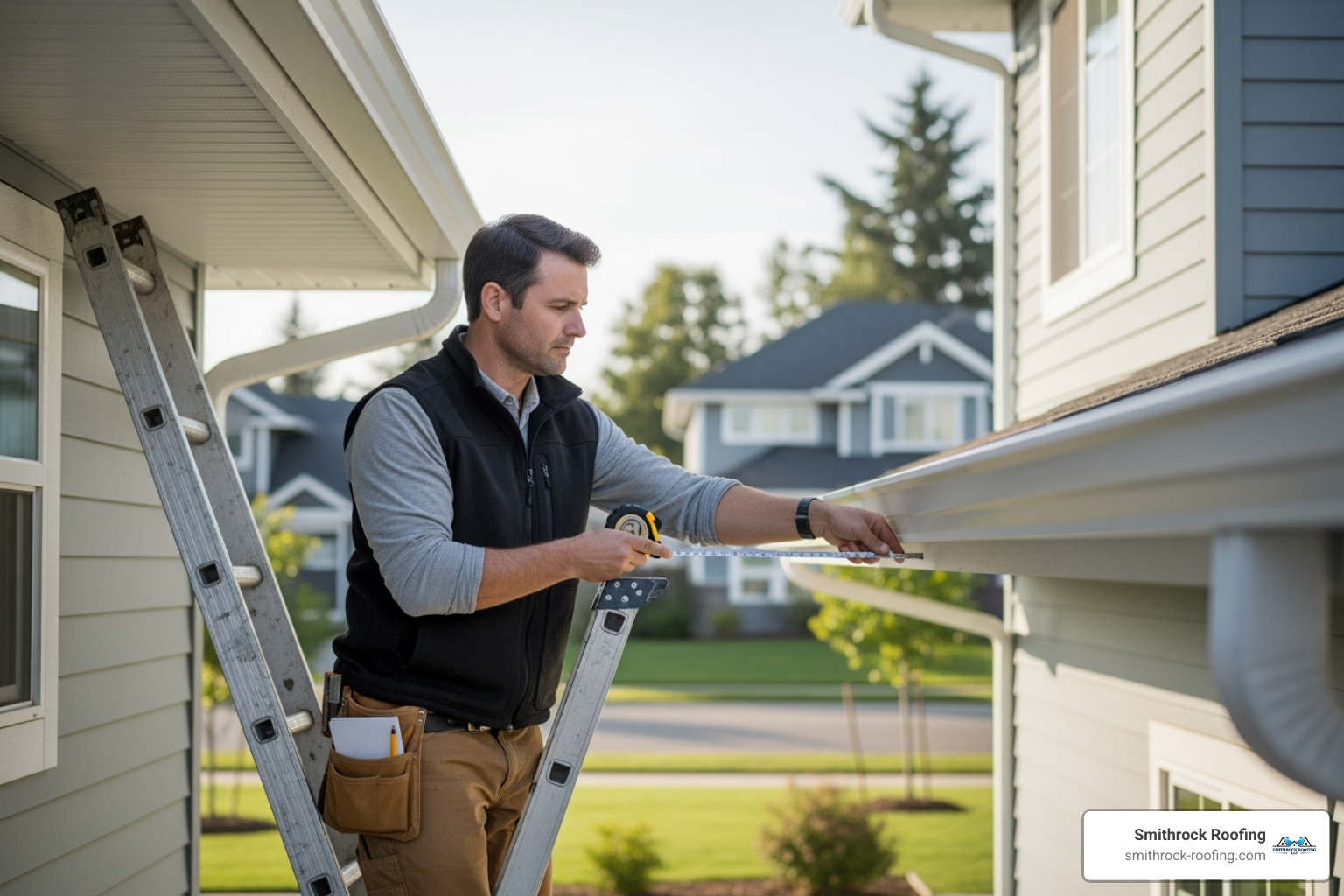 A professional measuring a gutter run before providing a quote - cost of cleaning gutters and downspouts