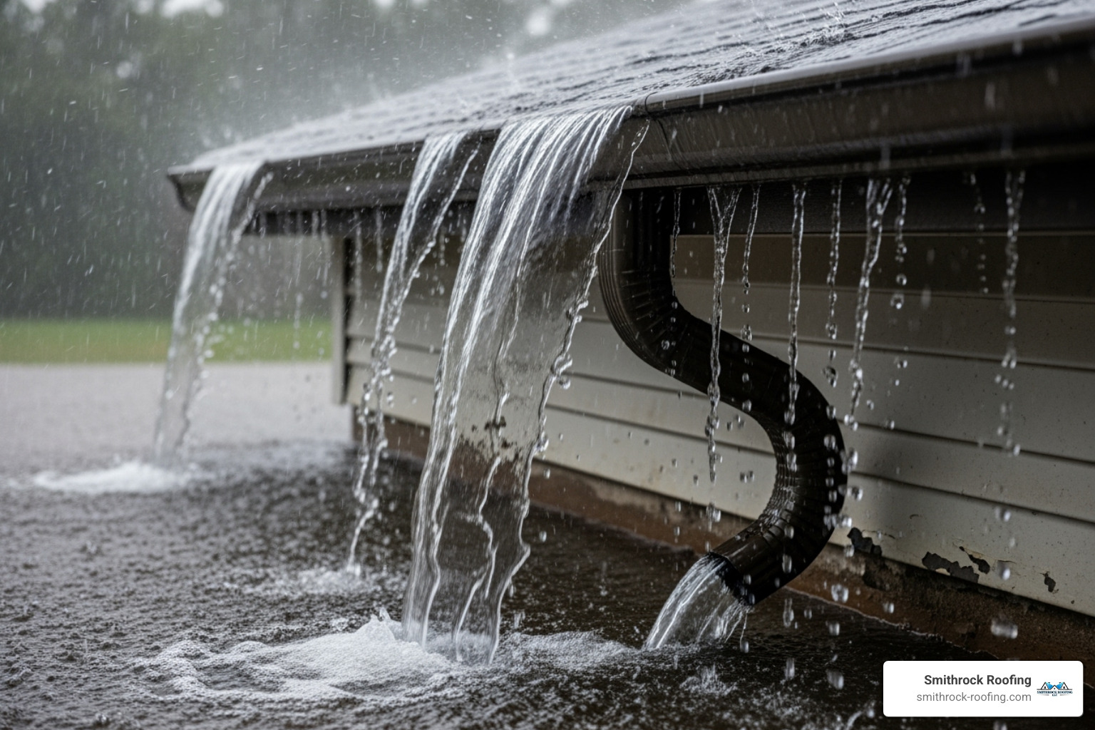 An overflowing gutter during a rainstorm - cost of cleaning gutters and downspouts
