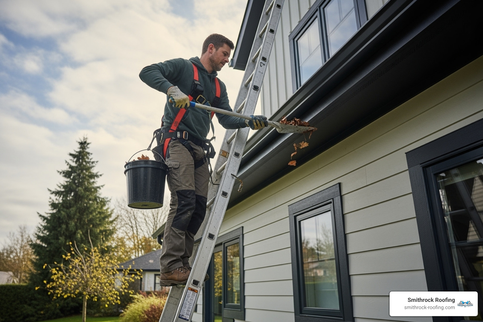 A professional safely working on a ladder on a two-story home - cost of cleaning gutters and downspouts