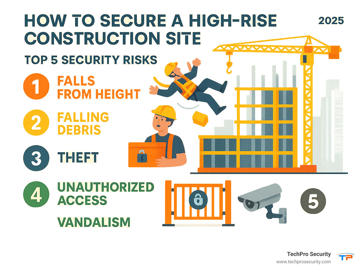 Infographic showing the top 5 security risks on high-rise construction sites: Falls from height with safety equipment, Falling debris with hard hats, Theft with locked storage containers, Unauthorized access with security gates, and Vandalism with surveillance cameras - how to secure a high rise construction site infographic 