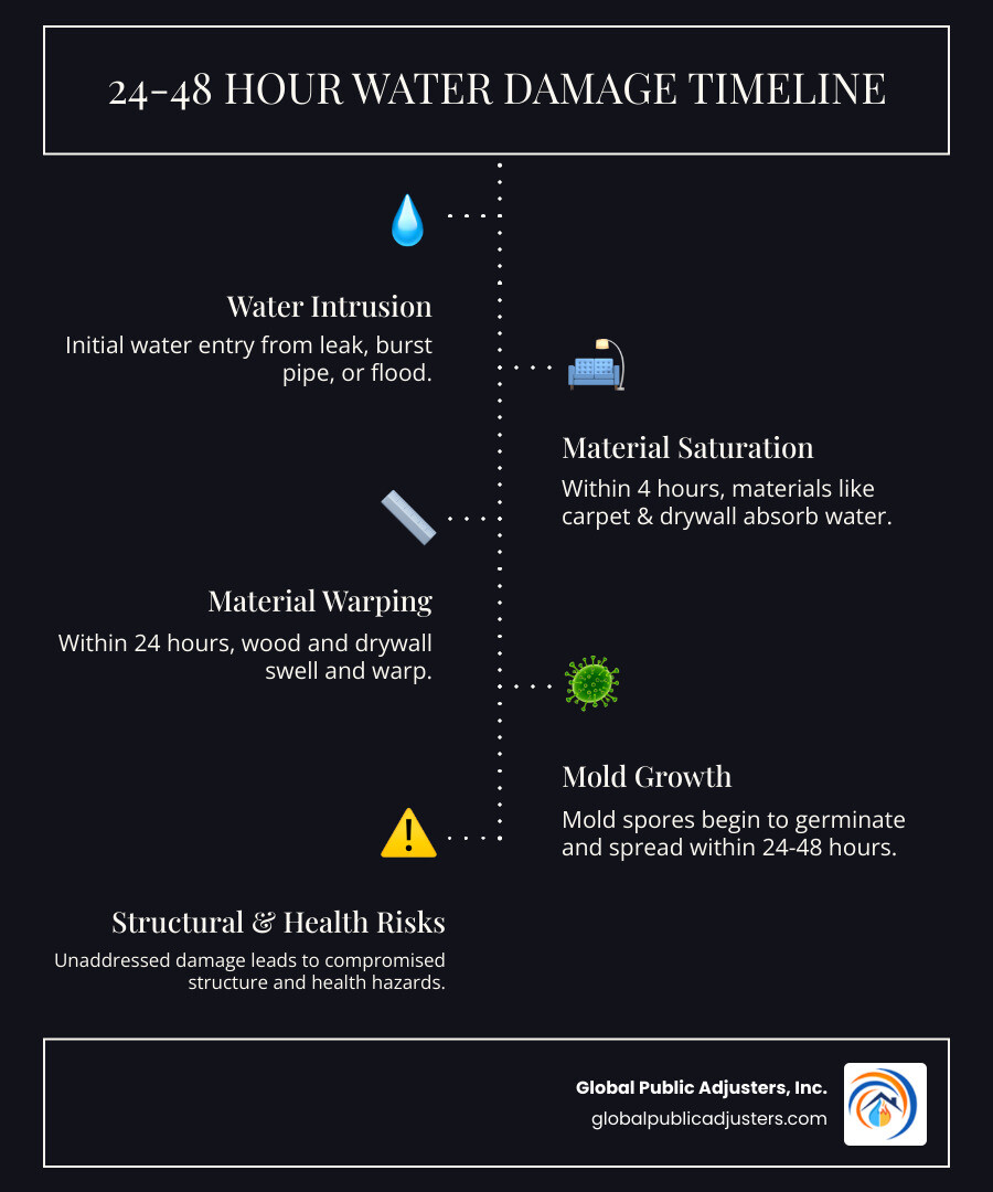 Infographic showing the 24-48 hour timeline of residential water damage progression, starting with initial water intrusion, followed by material saturation within 4 hours, swelling and warping of wood and drywall within 24 hours, and mold spore germination beginning at 24-48 hours, leading to structural damage and health hazards if not addressed promptly - Residential water damage infographic infographic-line-5-steps-dark