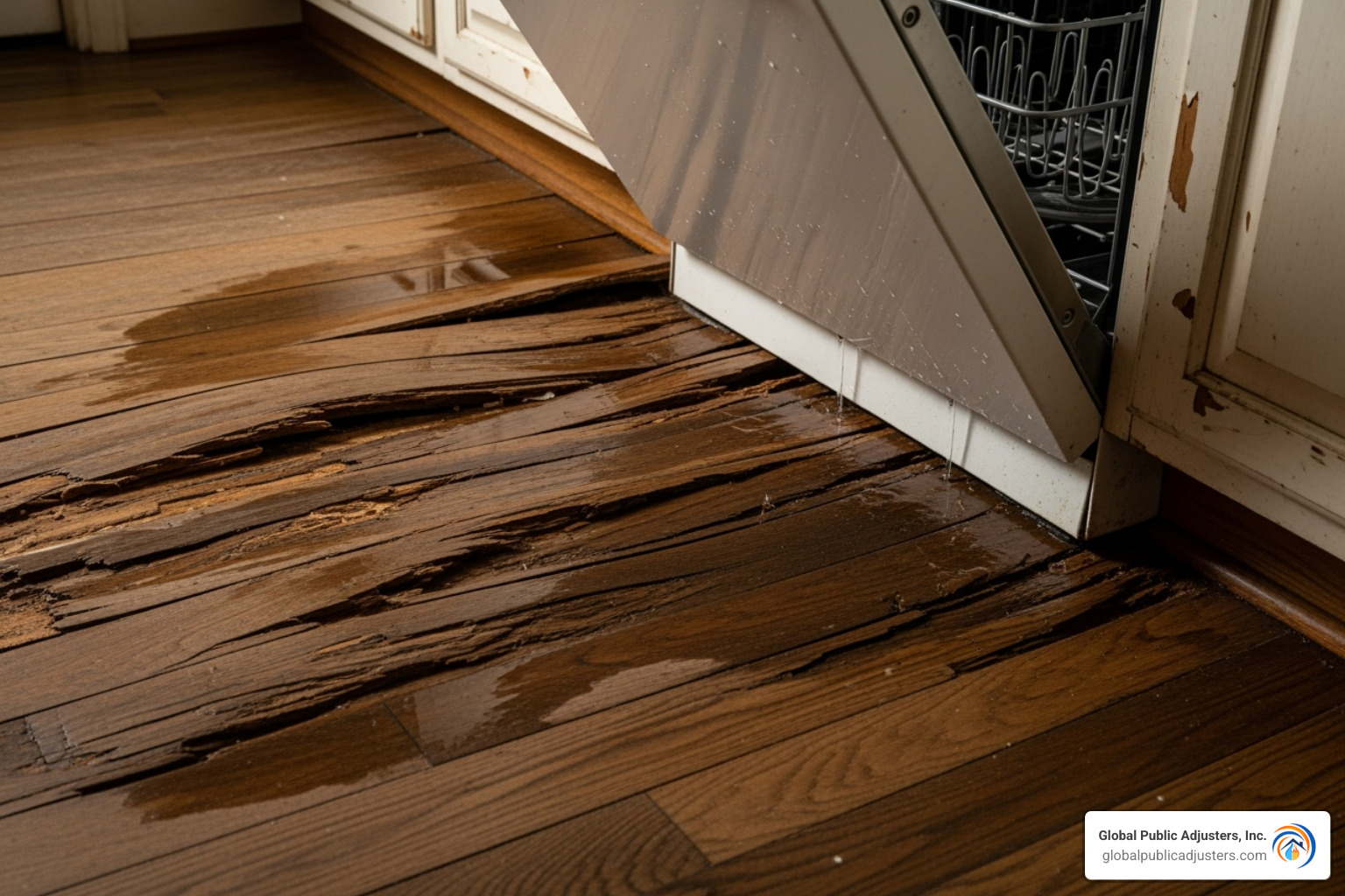 warped wooden floor next to a leaking dishwasher - Residential water damage