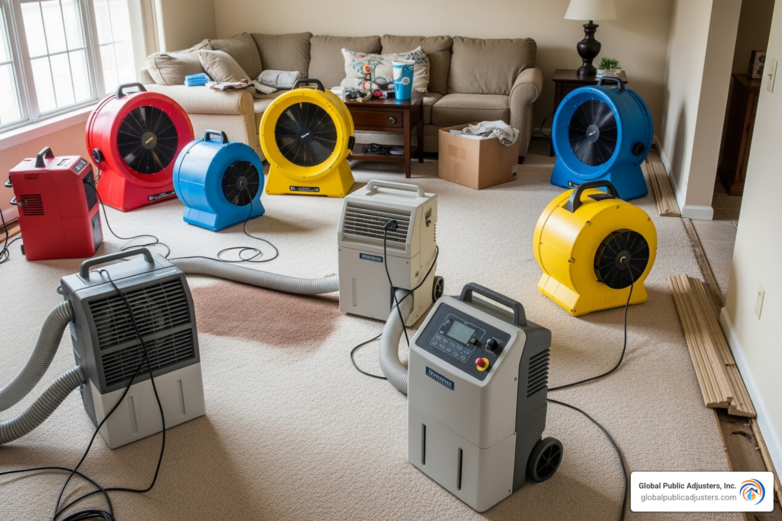 professional restoration equipment like air movers and dehumidifiers in a home - Residential water damage