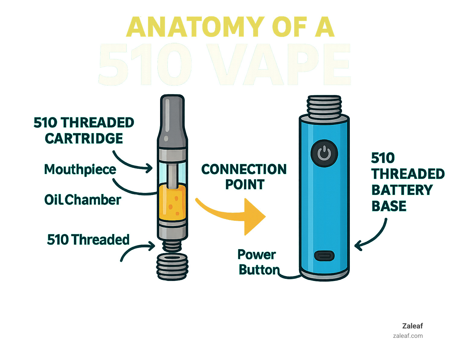 Infographic showing the anatomy of a 510 vape setup with labeled components: 510 threaded battery base with power button and charging port, 510 threaded cartridge with oil chamber and mouthpiece, and the connection point where they screw together - best 510 vape battery infographic 