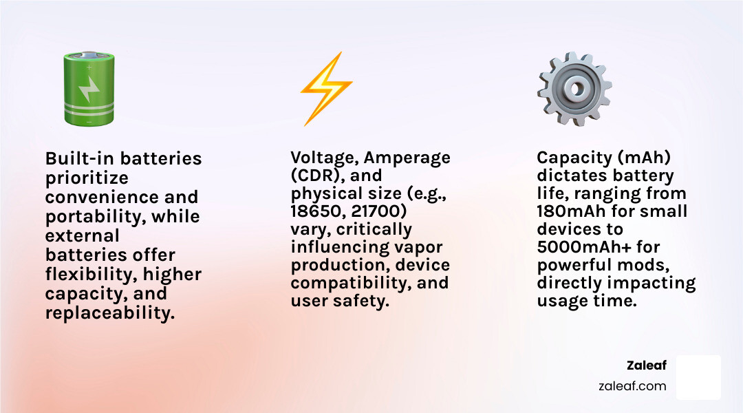 Comprehensive infographic showing key differences between vape battery types including built-in vs external batteries, capacity ranges from 180mAh to 5000mAh, voltage outputs, common battery sizes like 18650 and 21700, lithium-ion chemistry variations, and 510 thread compatibility with visual icons and comparison charts - are all vape batteries the same infographic 3_facts_emoji_light-gradient