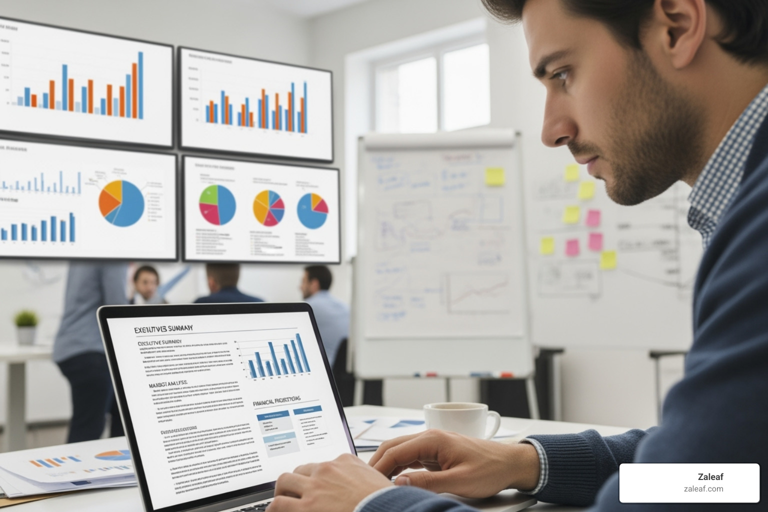 person writing a business plan on a laptop with charts in the background - how to start an edible cannabis business