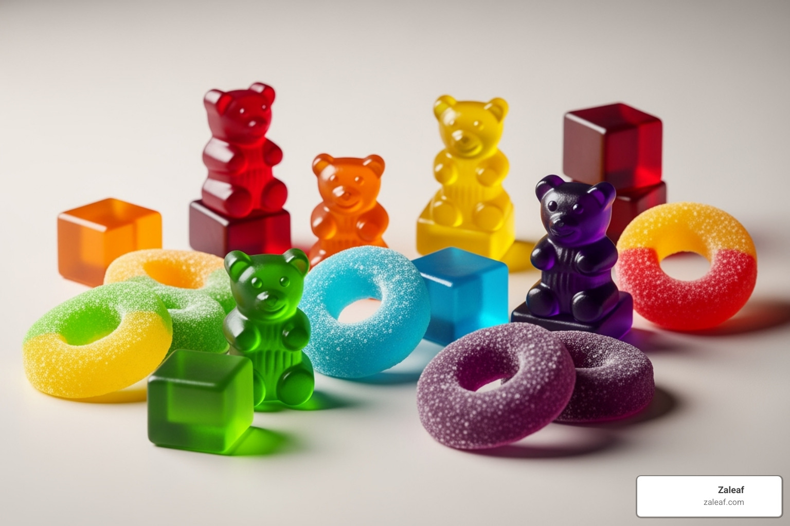 high-quality Zaleaf THC gummies in various shapes and colors - thc edibles