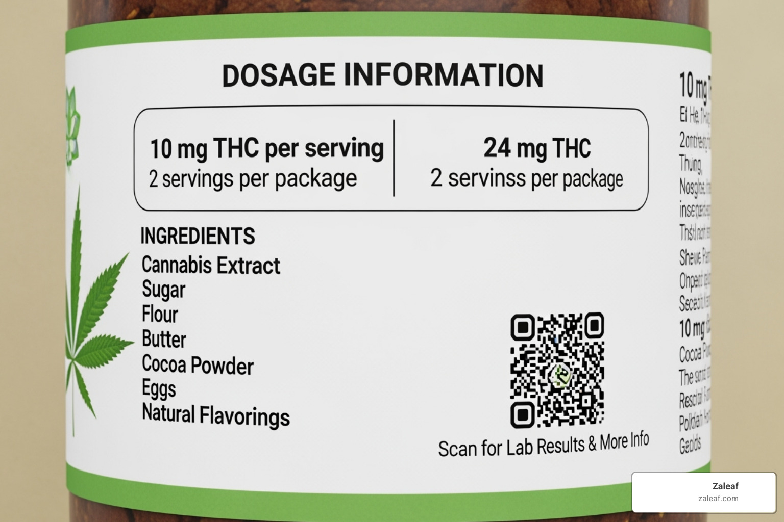 Zaleaf product label showing clear dosage, ingredients, and a QR code for lab results - thc edibles