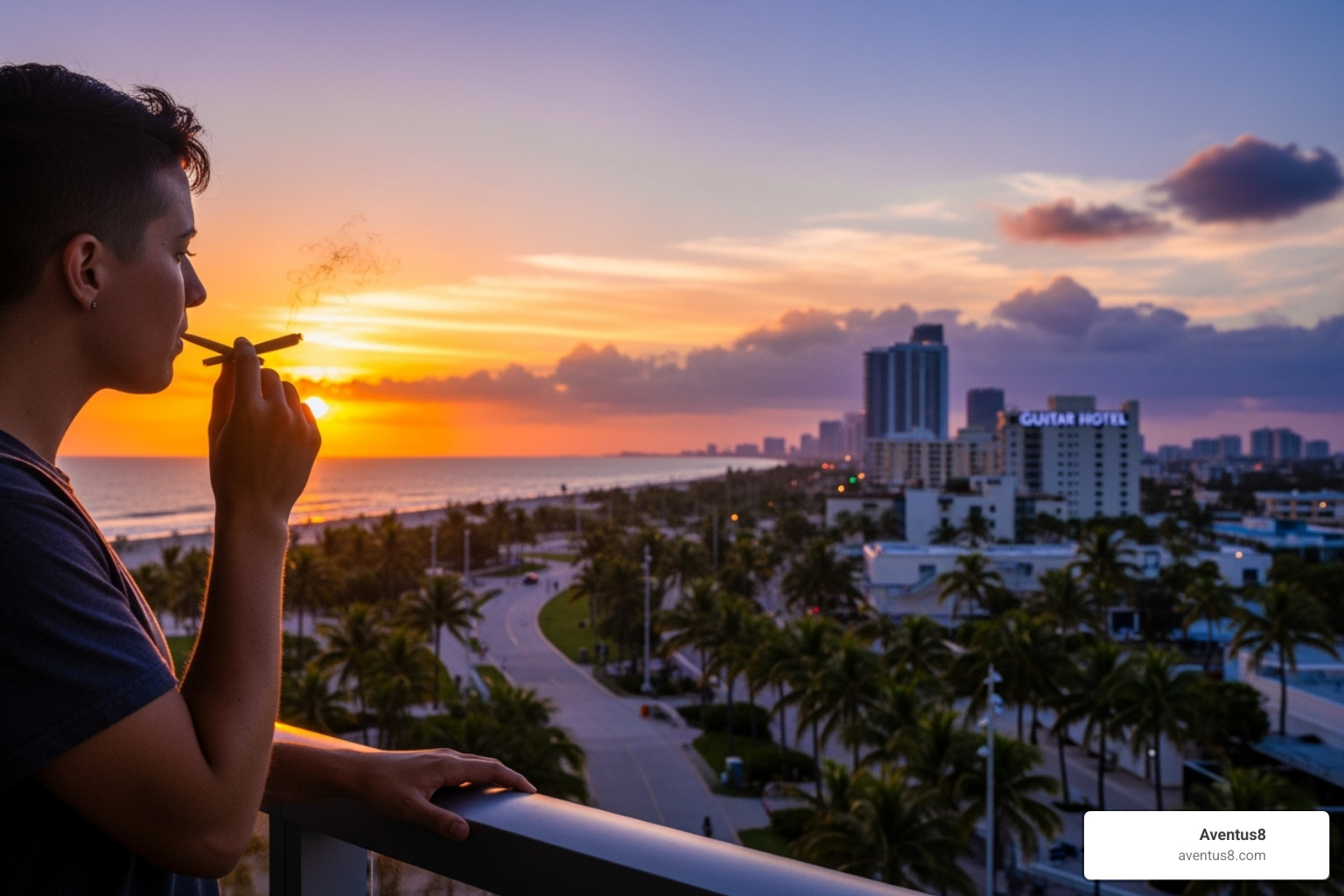a person responsibly enjoying a pre-roll on a balcony overlooking a Hollywood, FL sunset - cutleaf pre rolls thc