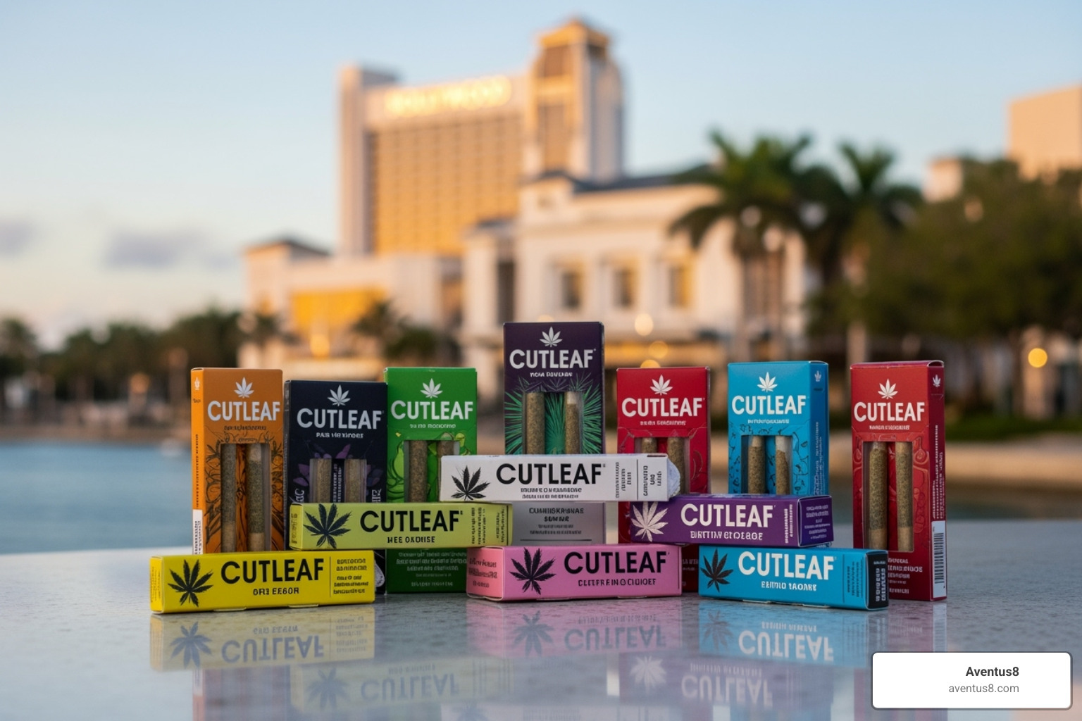 different Cutleaf strain packages arranged together at a Hollywood, FL landmark - cutleaf pre rolls thc