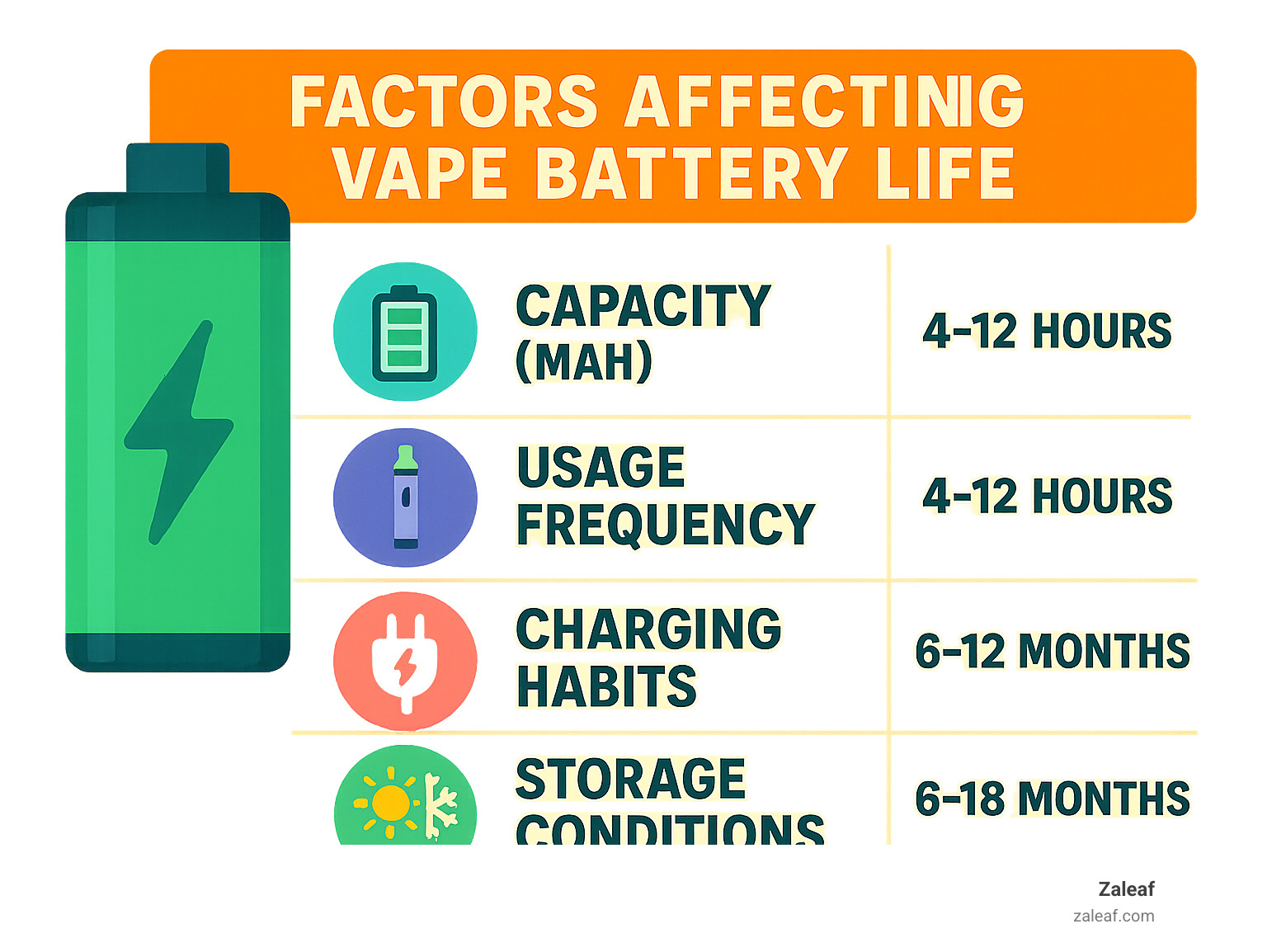 Infographic showing factors affecting vape battery life including mAh capacity, usage frequency, charging habits, and storage conditions with corresponding battery life estimates - how long do vape batteries last infographic 