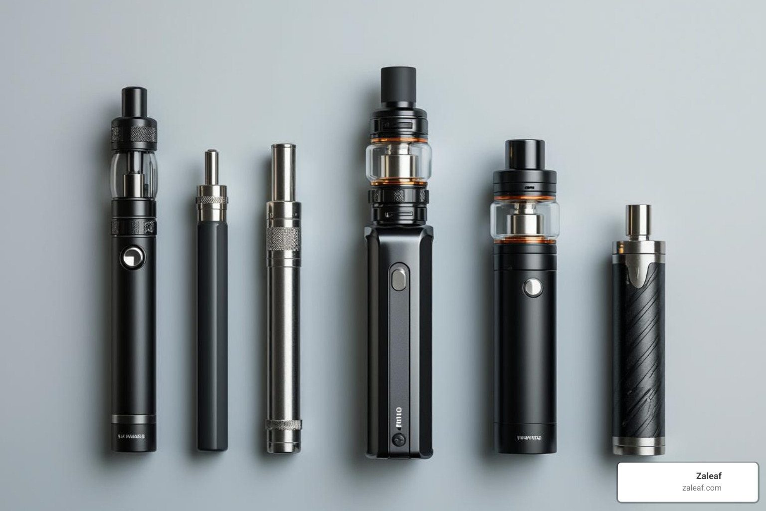 Image showing a side-by-side comparison of different battery styles like pen, box mod, and conceal - 510 thread battery