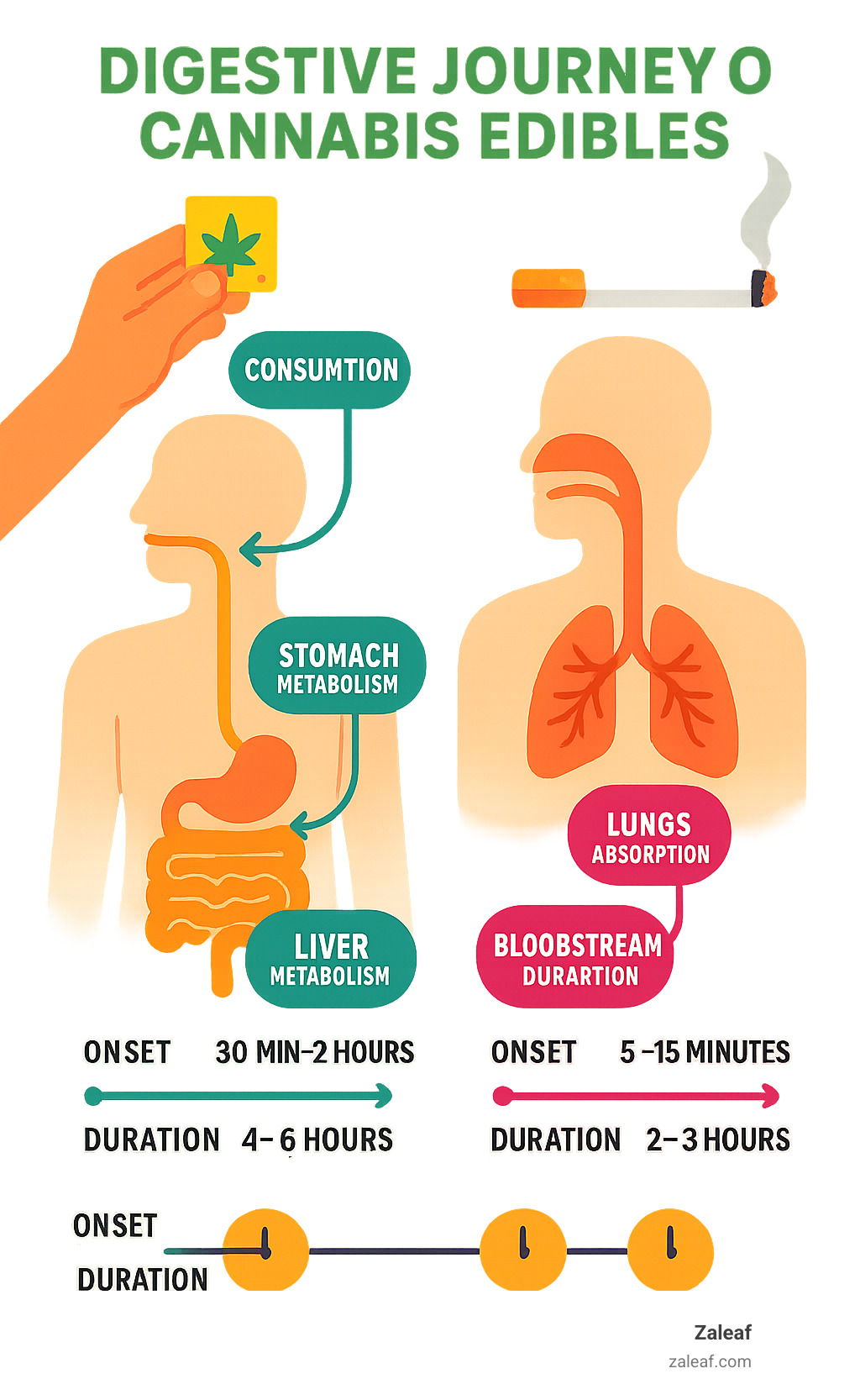 Detailed infographic showing the digestive journey of cannabis edibles through the human body, from consumption to liver metabolism to bloodstream absorption, compared side-by-side with the direct lung absorption pathway of smoking cannabis, including timeline markers for onset and duration of effects - form of many cannabis edibles infographic 