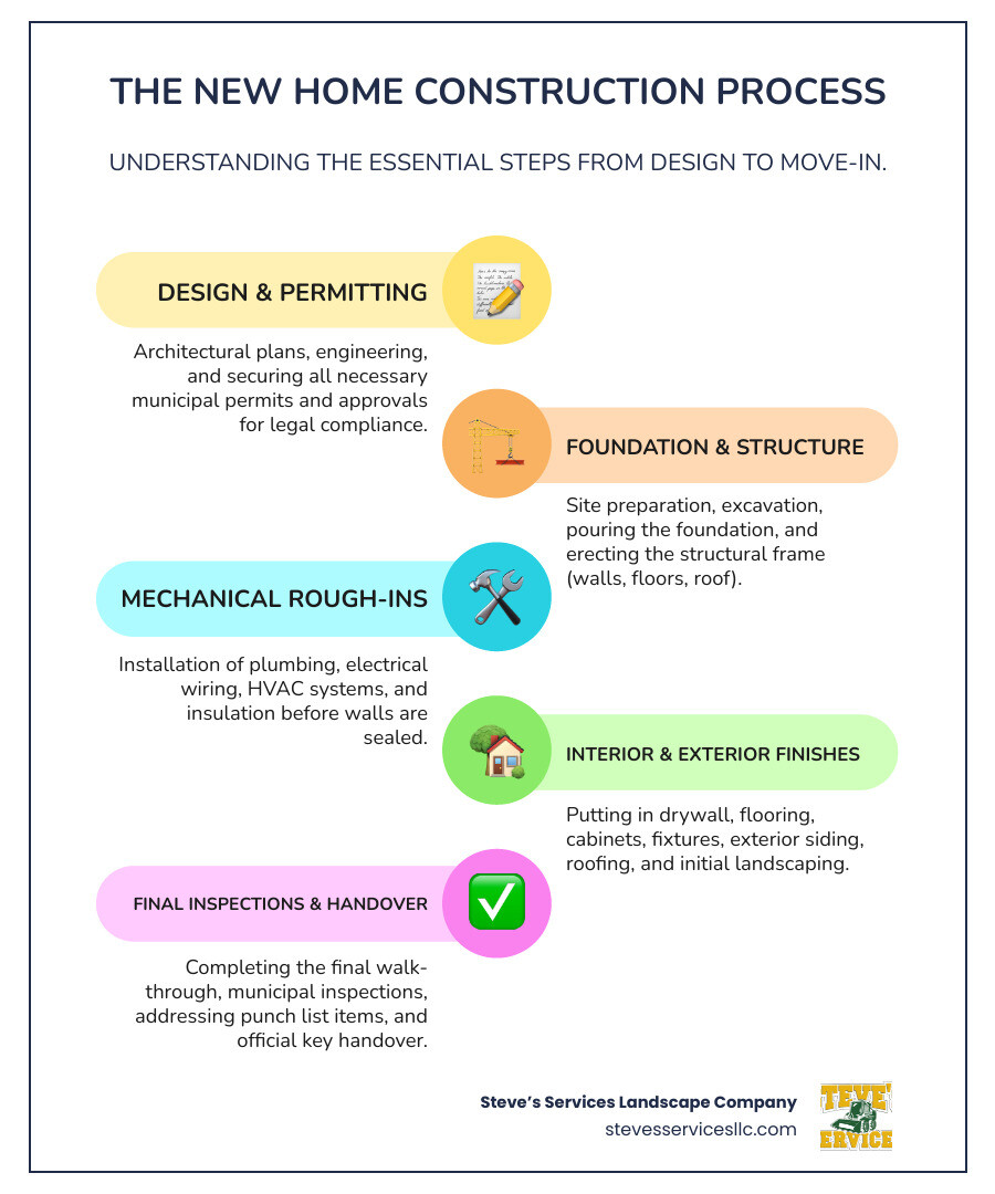 Infographic showing the complete new construction process from initial planning and permits through foundation, framing, mechanical systems, finishing work, and final inspection, with timeline estimates and key decision points for homeowners - general contractor new construction infographic infographic-line-5-steps-colors