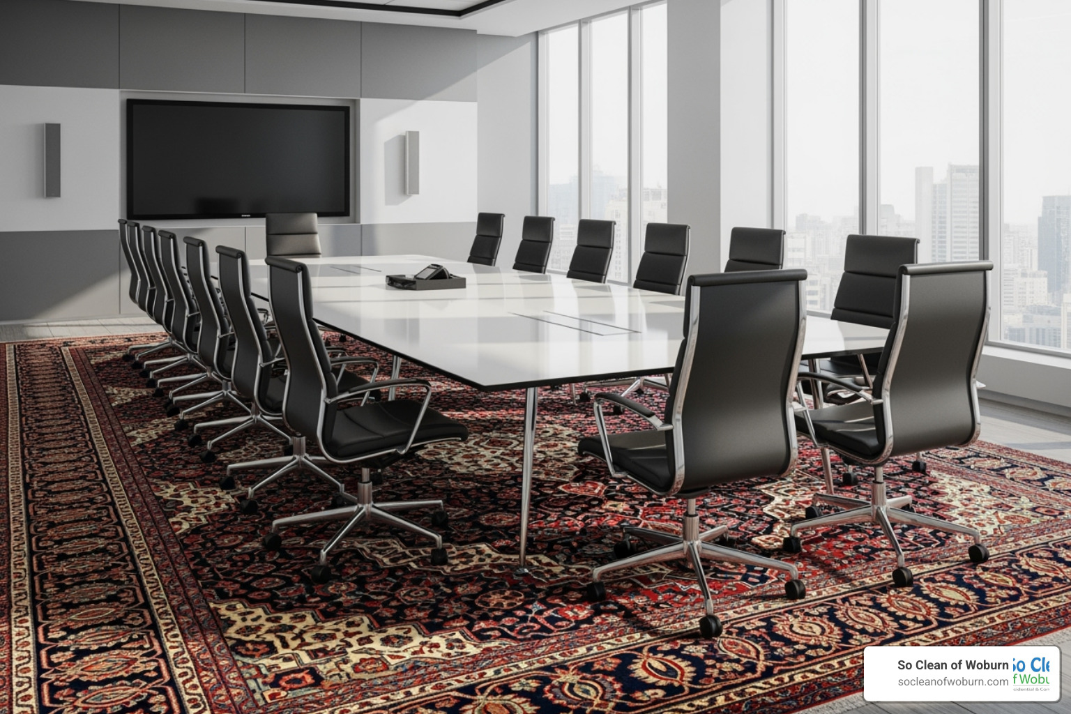 Intricate Oriental rug in corporate boardroom - rug cleaning medford