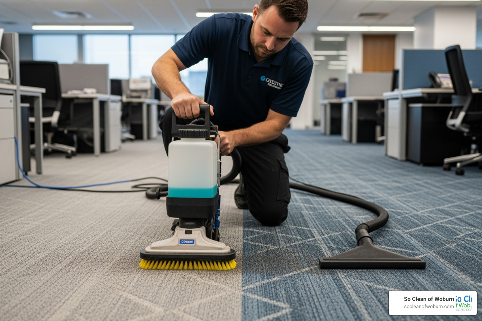Technician using specialized tool on office rug - rug cleaning medford