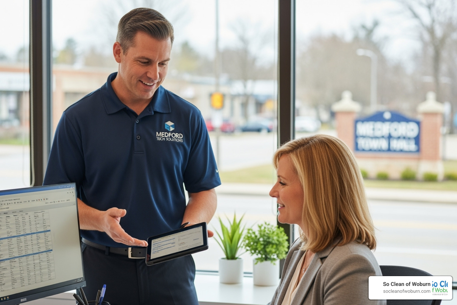 Friendly technician providing quote in Medford office - rug cleaning medford