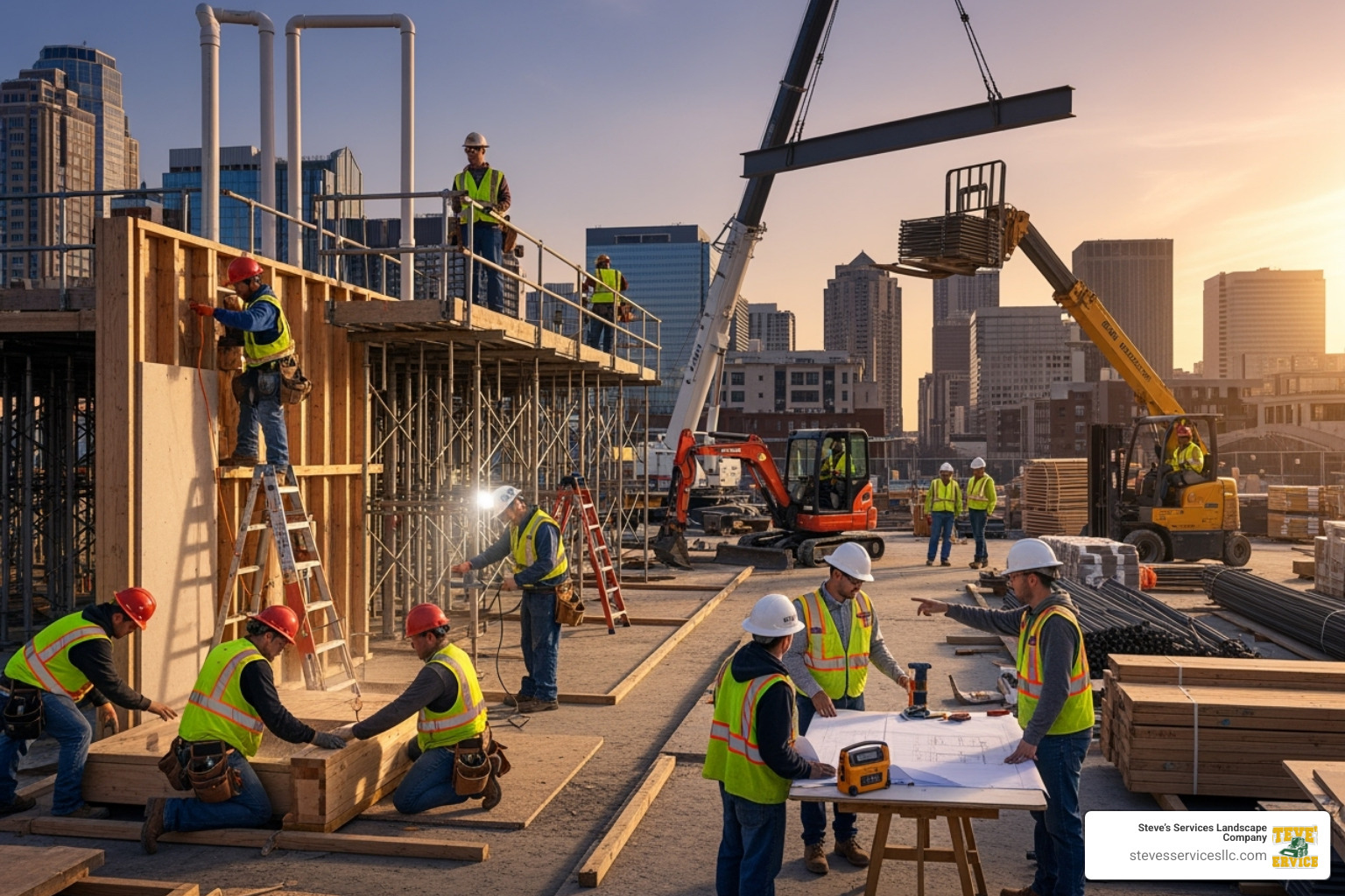 A construction site with various tradespeople working in a coordinated manner, showing effective project management - general contractor new construction