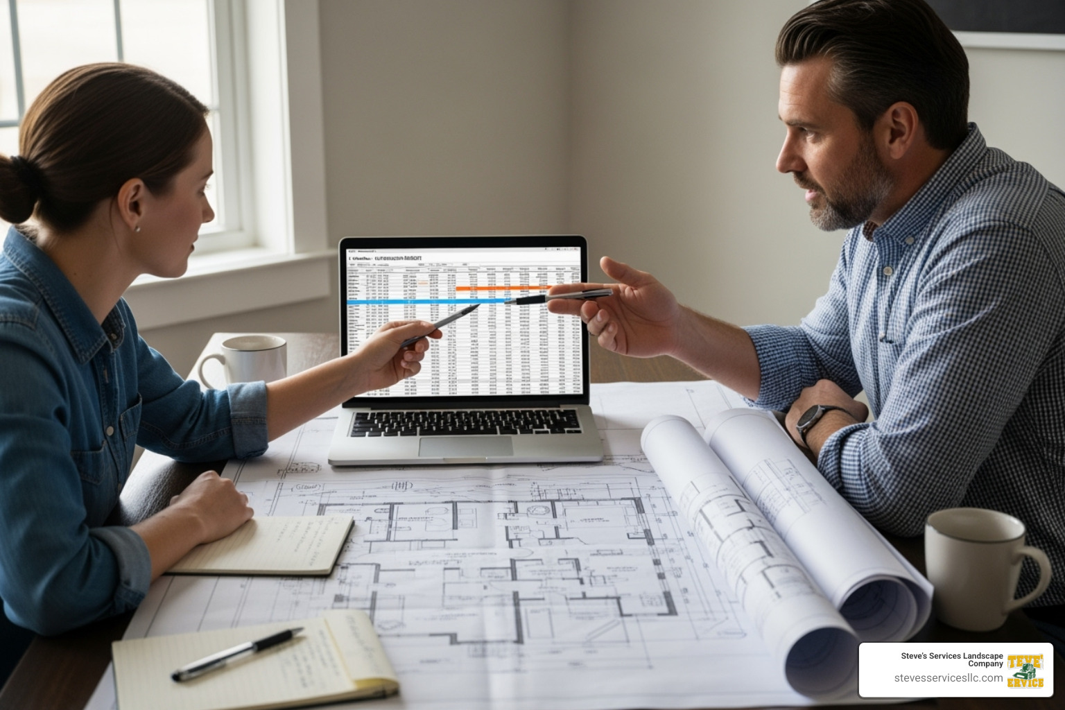 A homeowner reviewing a construction budget with a contractor, showing a detailed spreadsheet and architectural plans - general contractor new construction
