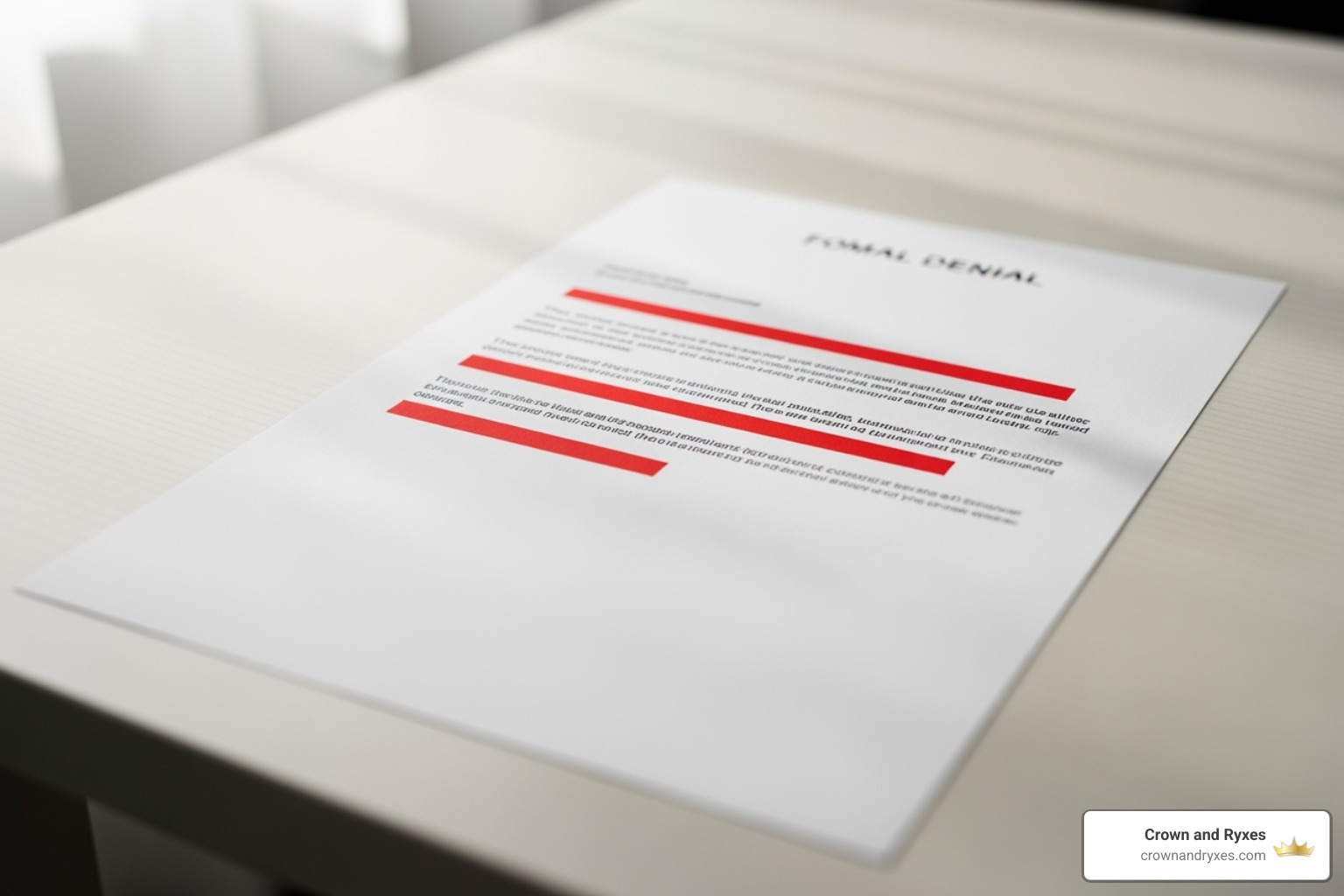 A formal denial letter with sections highlighted in red, indicating reasons for denial. - ED insurance coverage