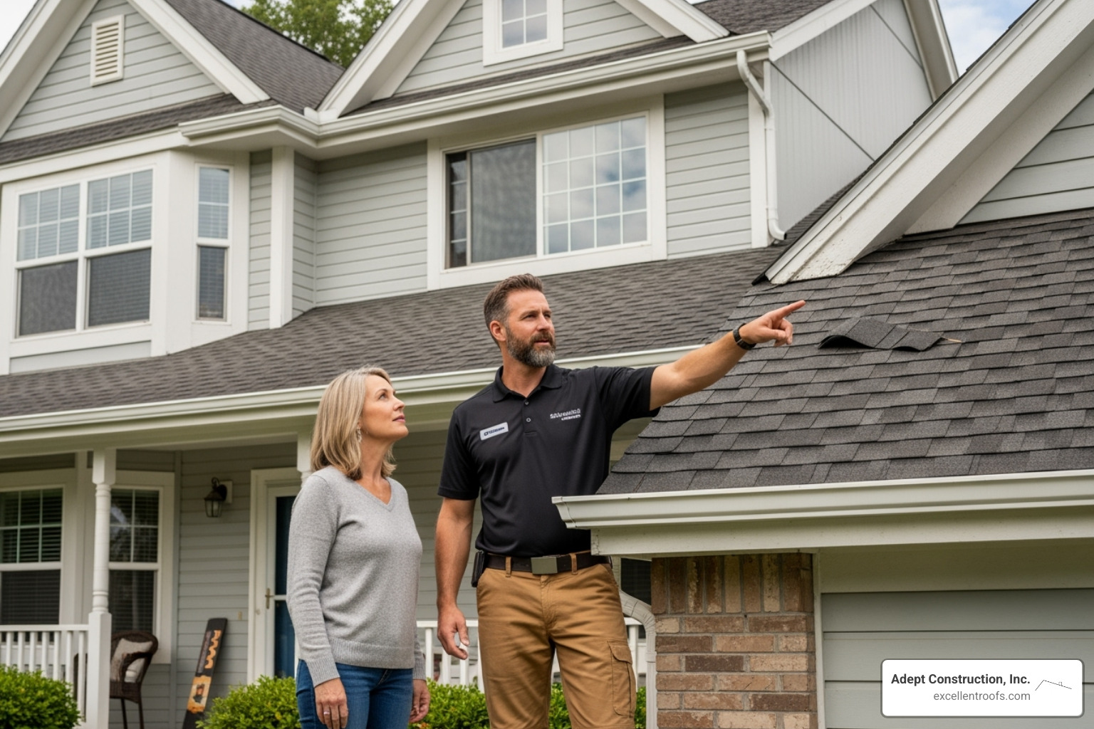 A project manager clearly explaining a roofing issue to a homeowner - Superior customer service