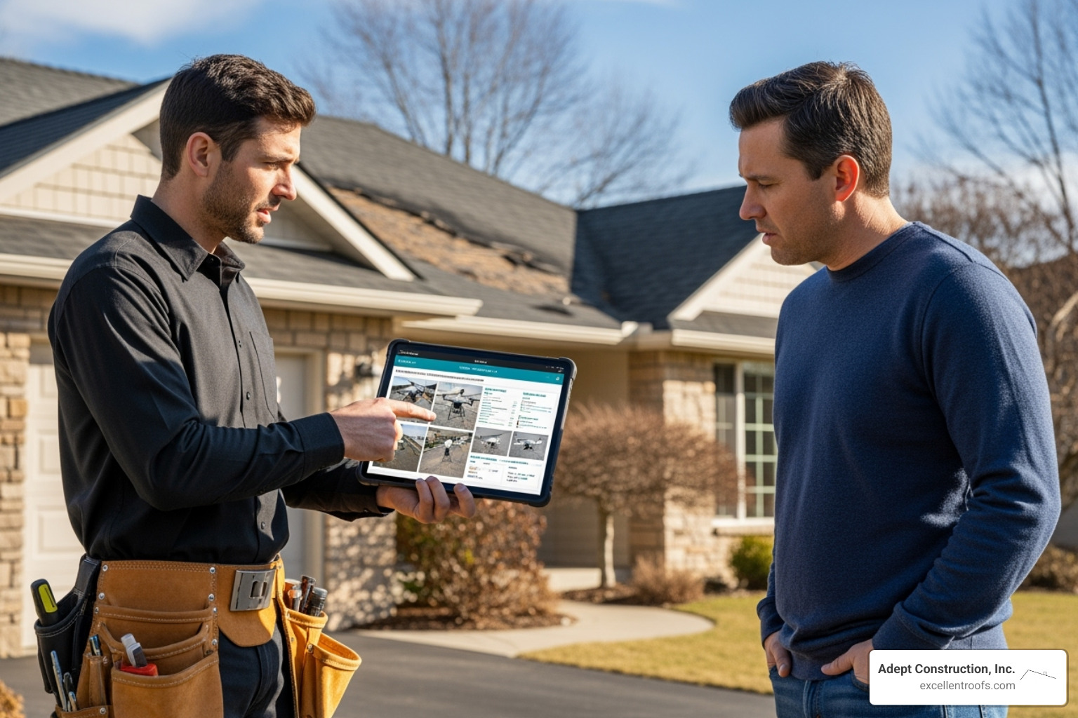 A roofer using a tablet to show a homeowner a digital report of their roof inspection - Superior customer service