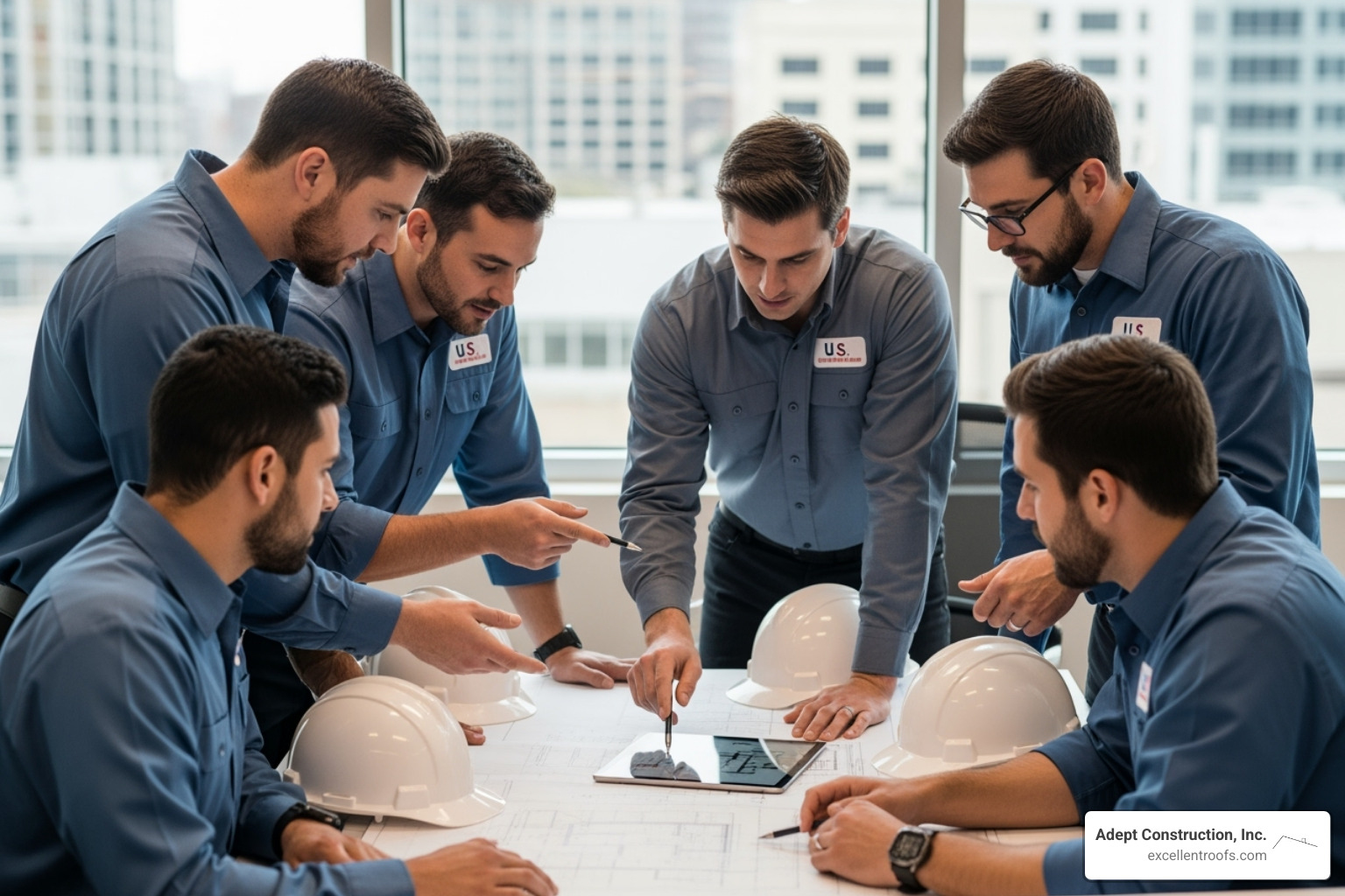 A roofing team collaborating on a project plan - Superior customer service