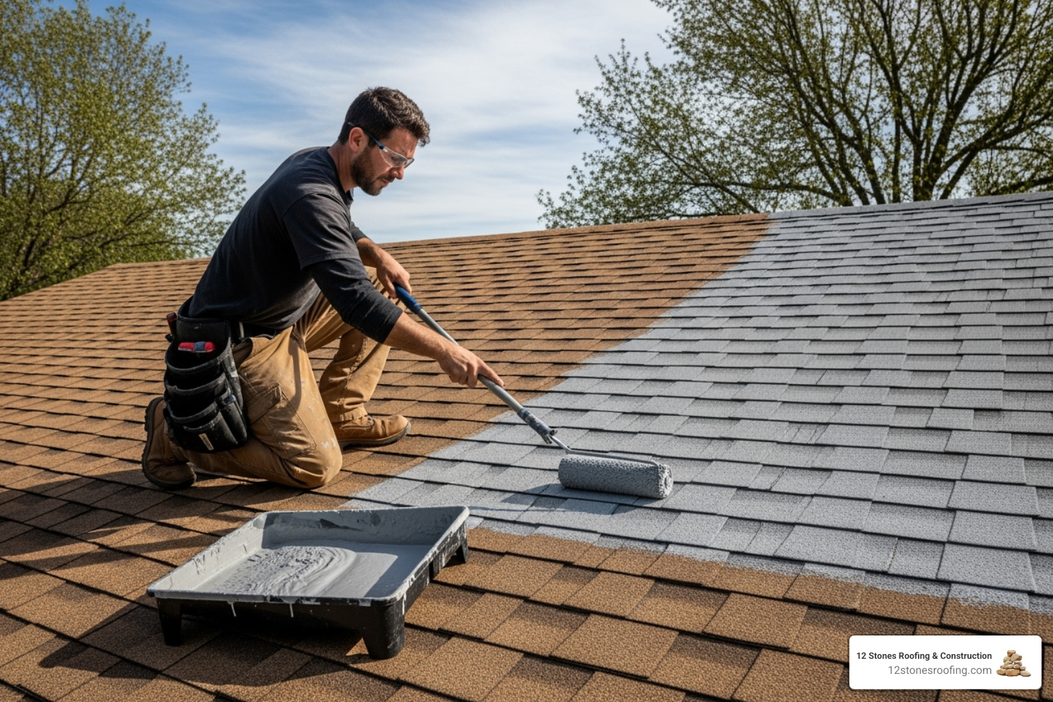Roofing professional applying a restorative coating to a roof - Pasadena roof restoration