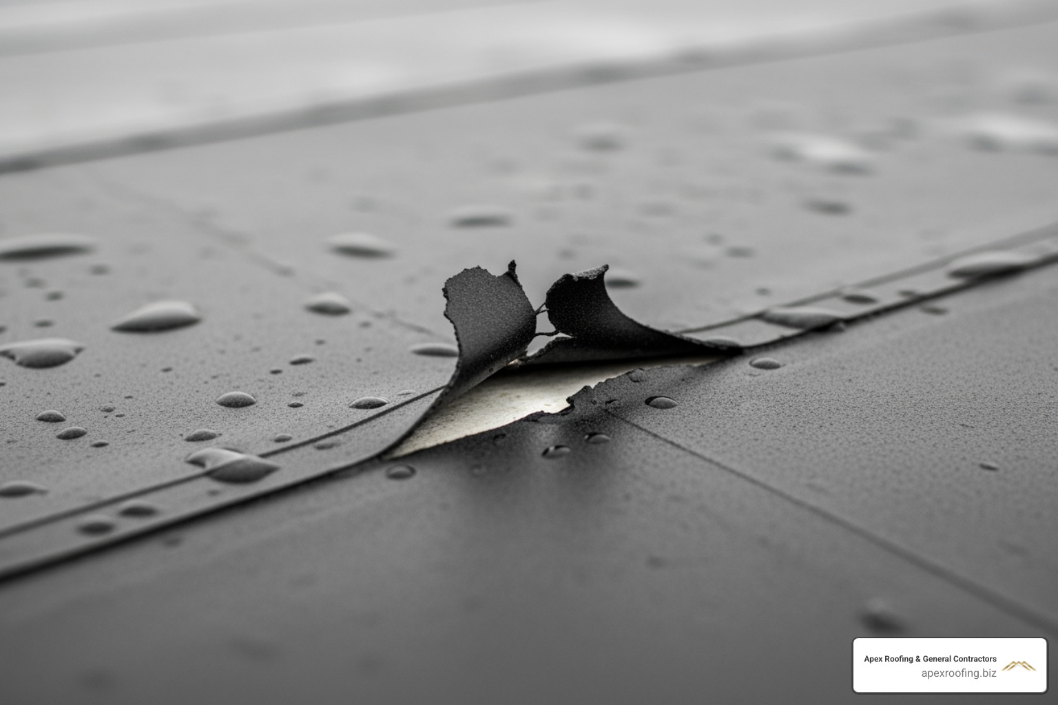 puncture in an EPDM membrane before repair - epdm roof maintenance
