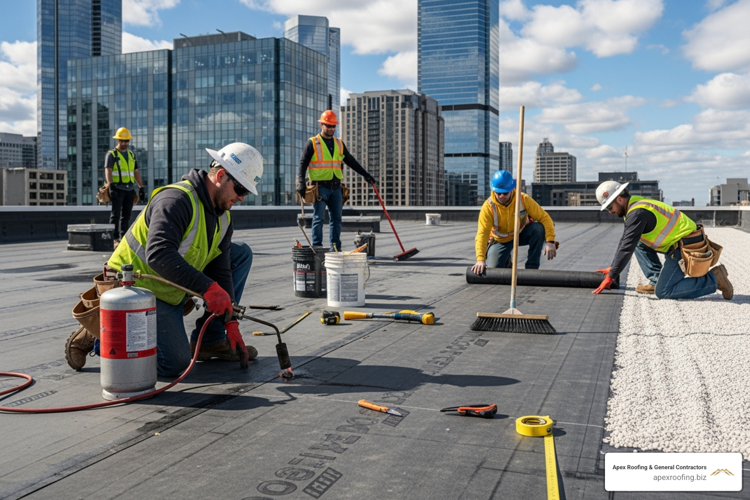 Apex Roofing & General Contractors team working on a commercial roof - epdm roof maintenance