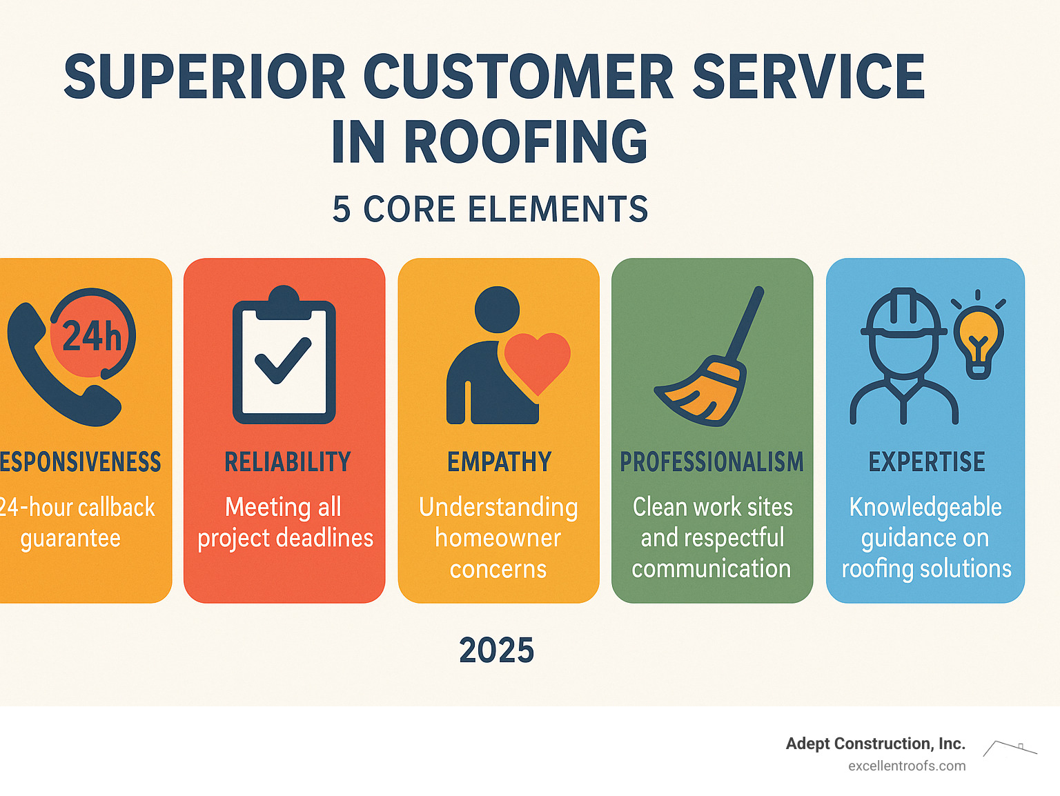 Infographic showing the 5 core elements of superior customer service in roofing: responsiveness with 24-hour callback guarantee, reliability through meeting all project deadlines, empathy by understanding homeowner concerns, professionalism with clean work sites and respectful communication, and expertise through knowledgeable guidance on roofing solutions - Superior customer service infographic 