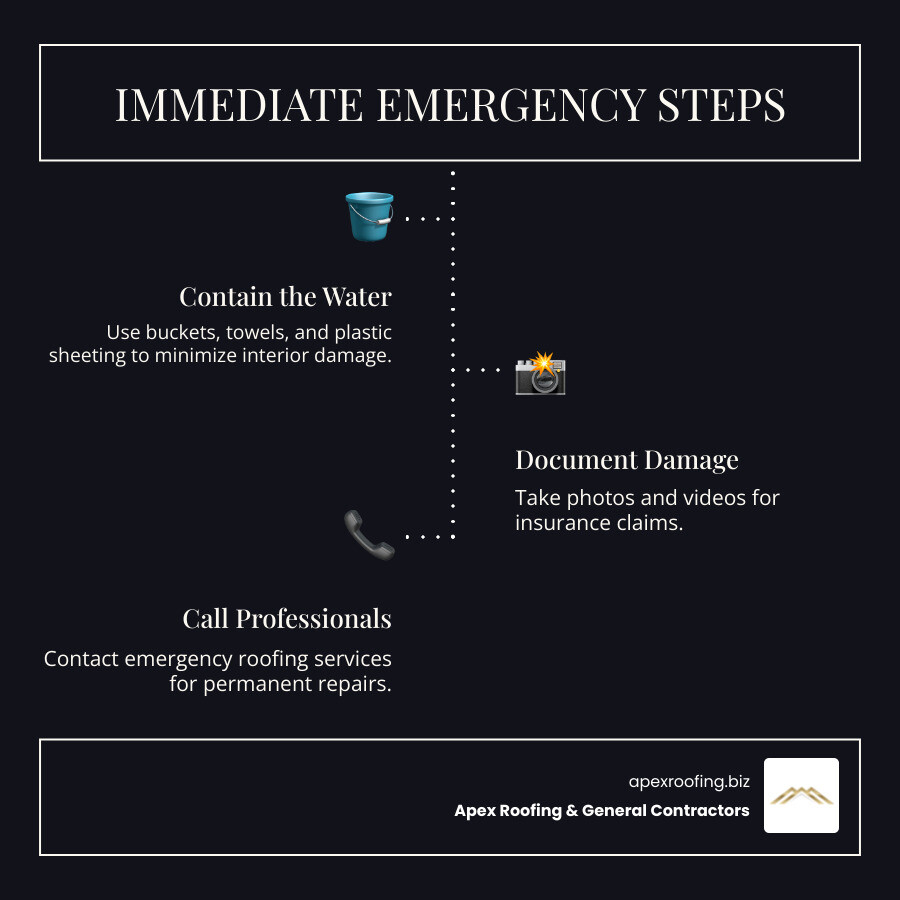 Infographic showing emergency roof leak fix steps: Step 1 - Contain water with buckets and tarps, Step 2 - Document damage with photos for insurance, Step 3 - Call professional roofers for permanent repair, with icons showing water droplets, camera, and phone - Emergency roof leak fix infographic infographic-line-3-steps-dark