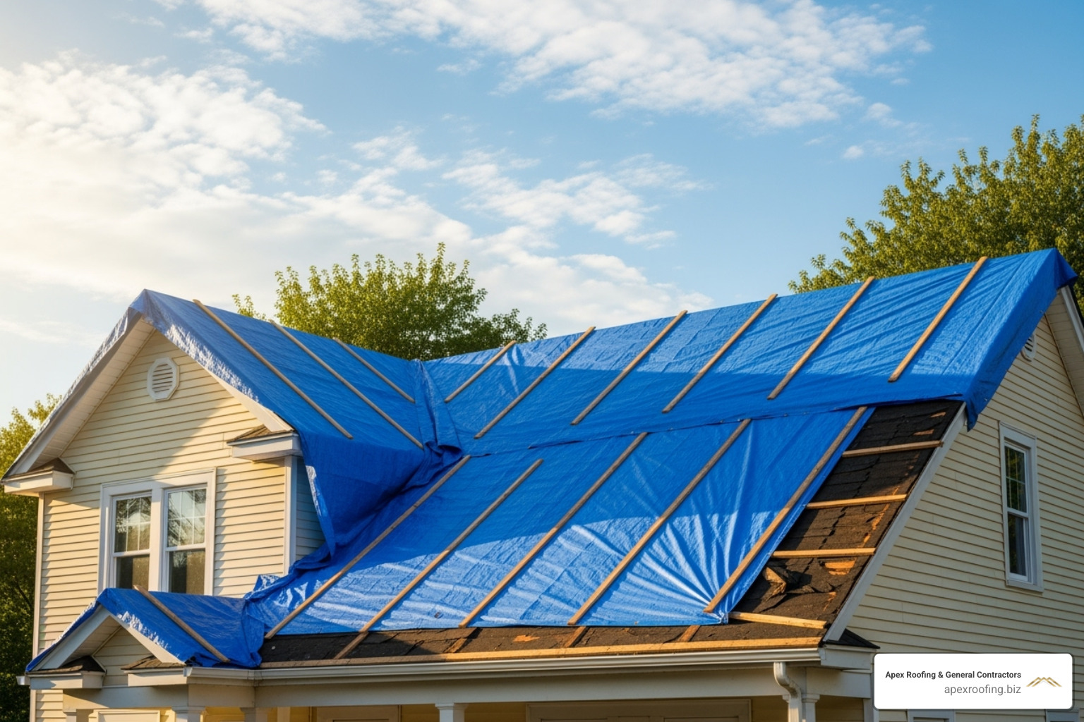 Temporary roof tarp secured with wood strips - Emergency roof leak fix