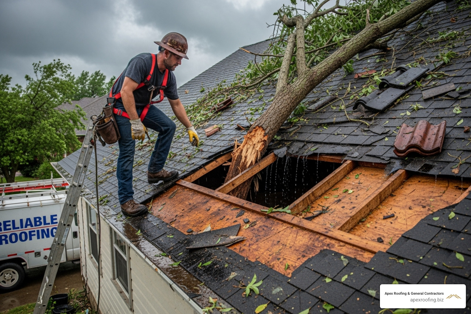 Professional roofer inspecting a severely damaged roof - Emergency roof leak fix