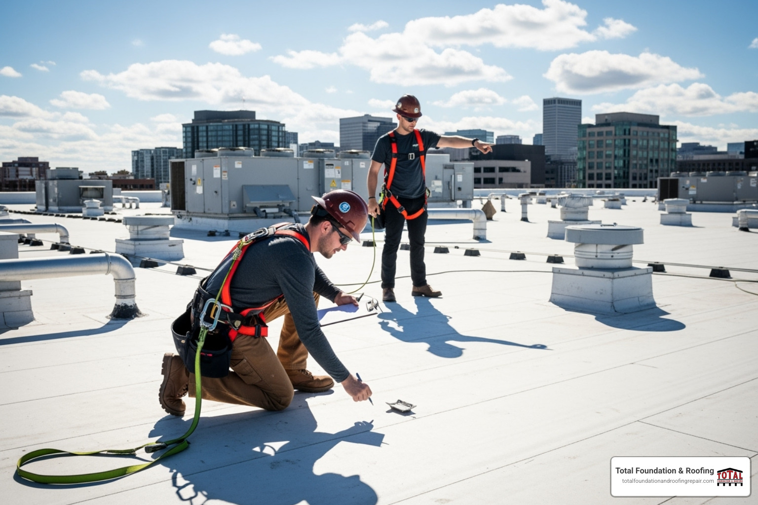 A roofing team conducting a commercial roof inspection, with one roofer wearing a safety harness and inspecting the roof surface - commercial roofing company kerrville A roofing team conducting a commercial roof inspection, with one roofer wearing a safety harness and inspecting the roof surface - commercial roofing company kerrville