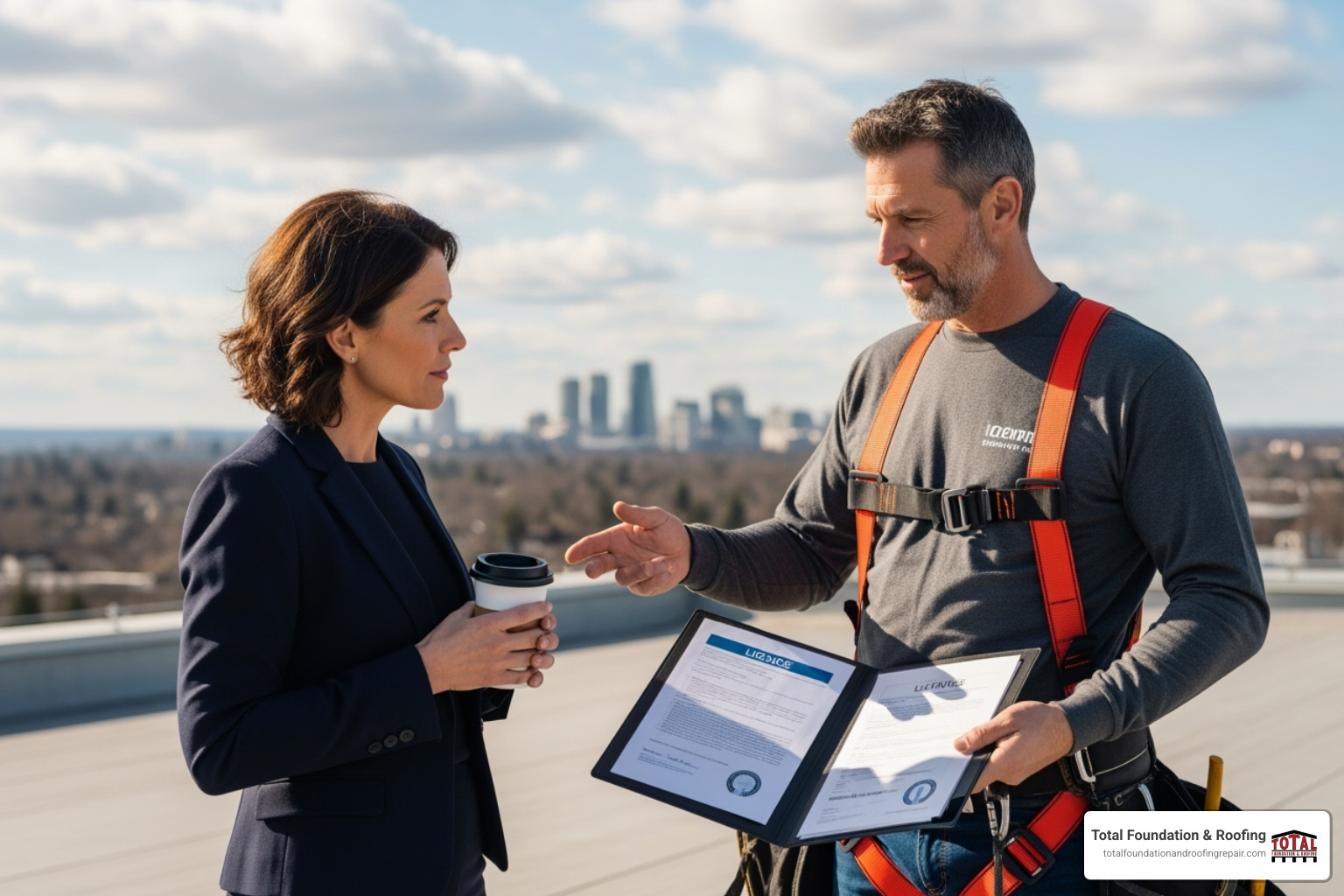 A roofing contractor, wearing a safety harness, respectfully showing credentials and licenses to a commercial property client - commercial roofing company kerrville A roofing contractor, wearing a safety harness, respectfully showing credentials and licenses to a commercial property client - commercial roofing company kerrville