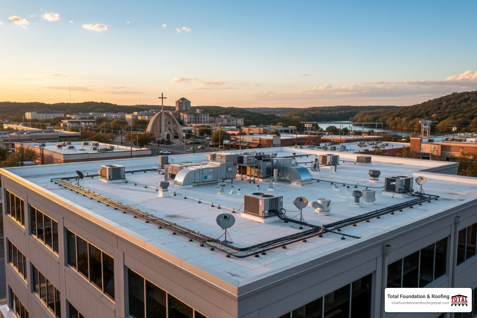 A clean, well-maintained commercial roof on a business building, with the Kerrville skyline in the background, after project completion - commercial roofing company kerrville A clean, well-maintained commercial roof on a business building, with the Kerrville skyline in the background, after project completion - commercial roofing company kerrville