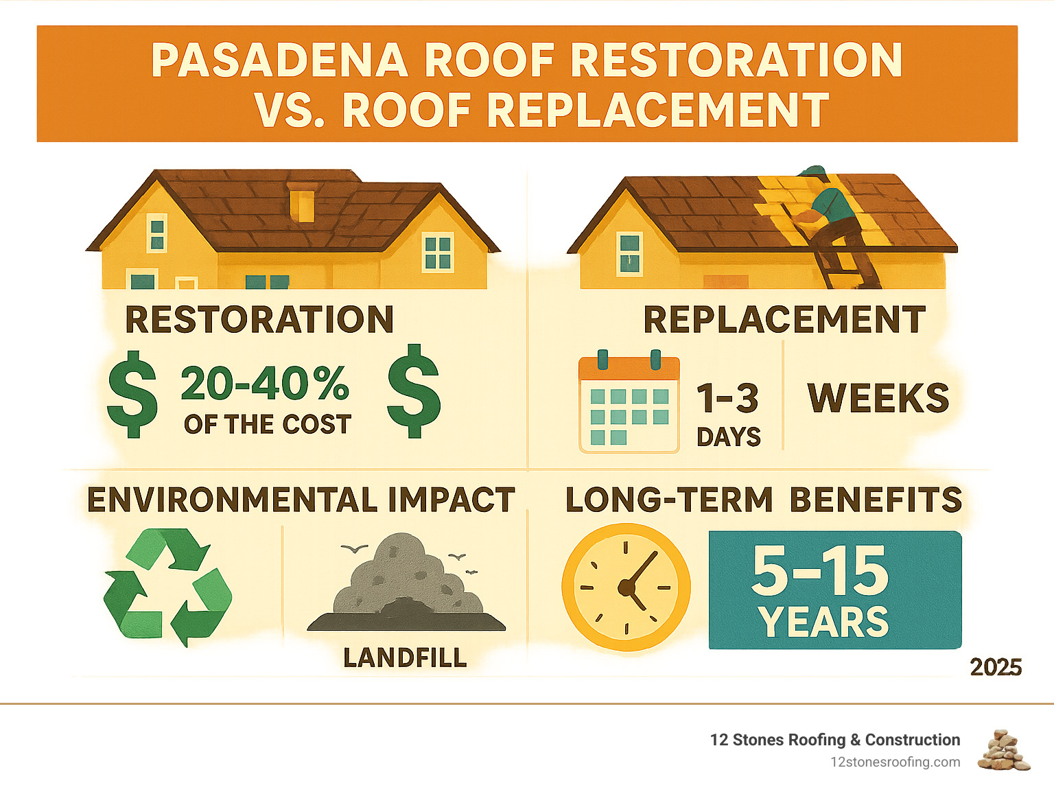 Comprehensive comparison of roof restoration versus roof replacement showing cost differences, timeline requirements, environmental impact, and long-term benefits for Pasadena homeowners - Pasadena roof restoration infographic 