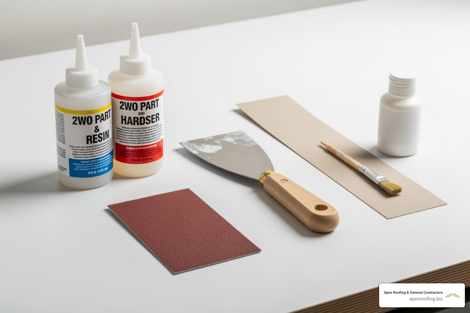 DIY toolkit for tile repair laid out neatly, including epoxy, putty knife, sandpaper, and paint - Cracked tile repair