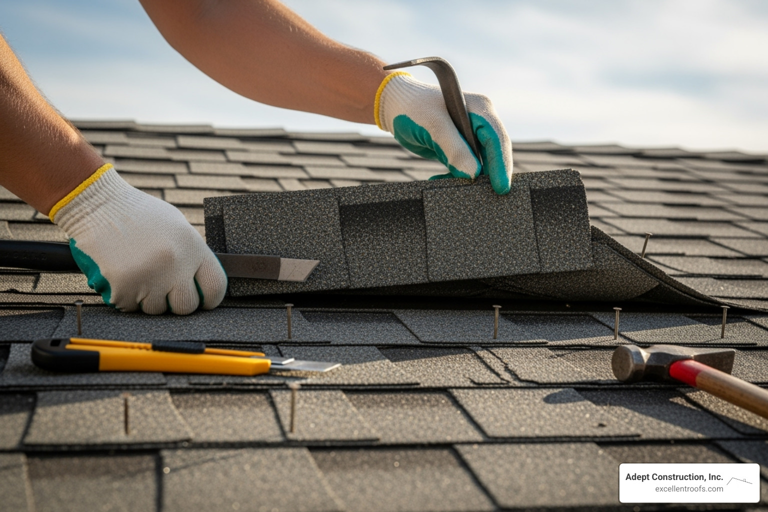 A person safely replacing a single asphalt shingle on a low-pitch roof - handy man roofer