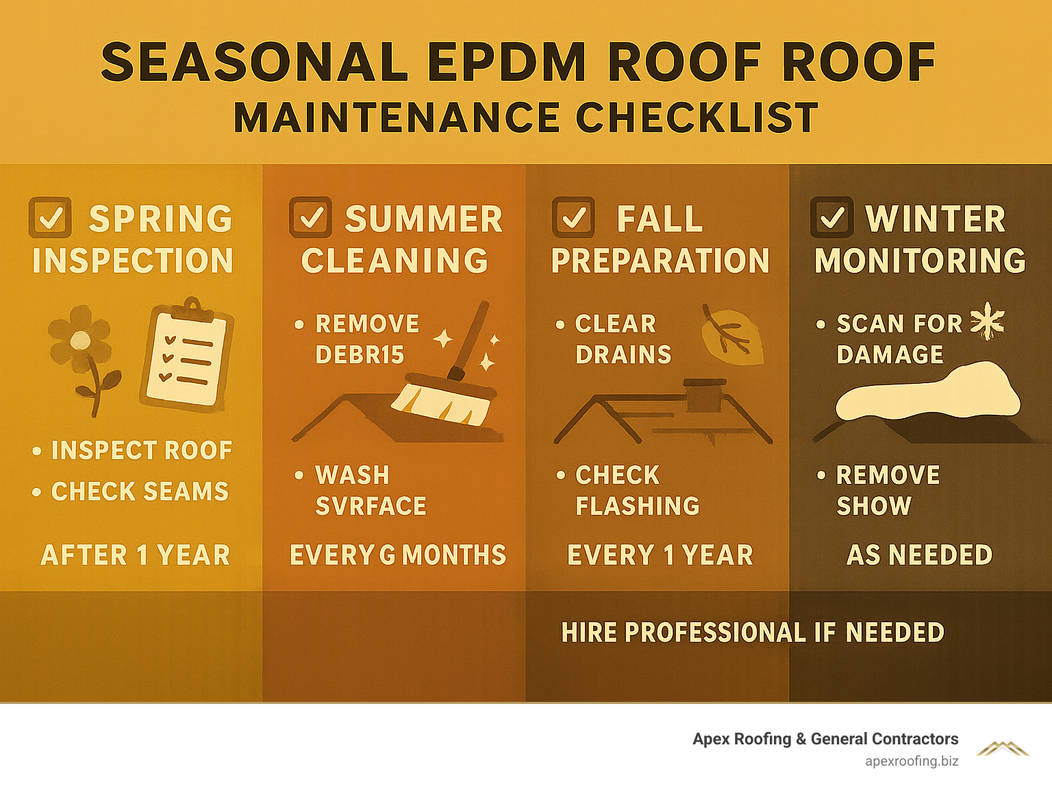 Seasonal EPDM roof maintenance checklist showing spring inspection tasks, summer cleaning requirements, fall preparation steps, and winter monitoring activities with specific timeframes and professional service recommendations - epdm roof maintenance infographic 