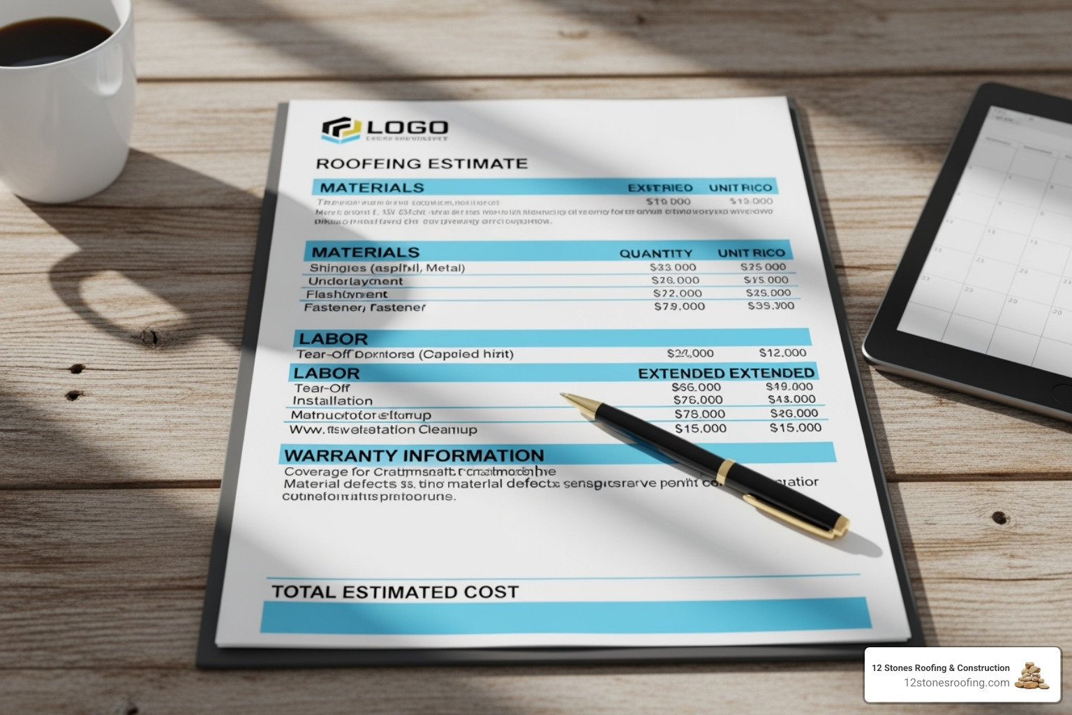 A detailed roofing estimate document with sections for materials, labor, and warranty information highlighted, demonstrating transparency in pricing - roofing contractors Pasadena TX
