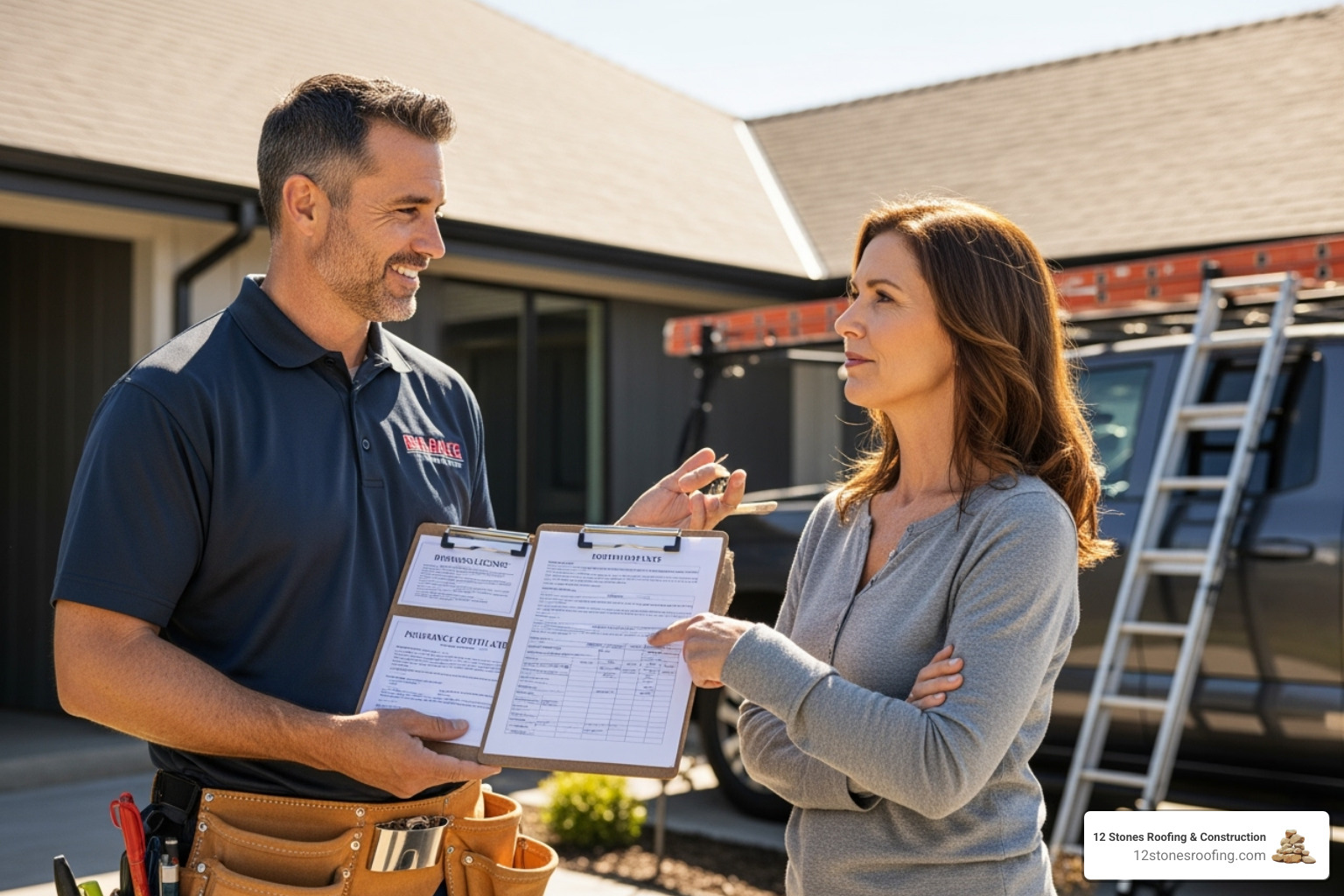 A roofing contractor showing a homeowner their license and insurance documents on a clipboard, emphasizing transparency and trustworthiness - roofing contractors Pasadena TX
