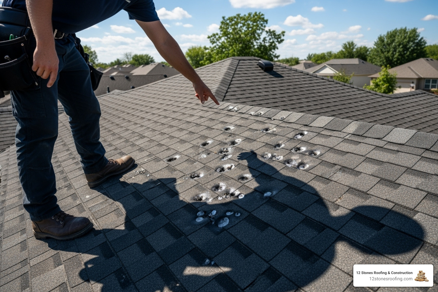 roofer pointing out hail damage - roof replacement Pasadena TX