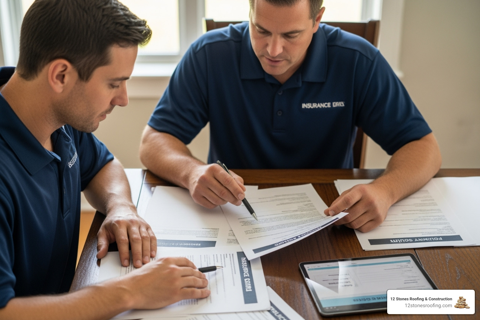 Homeowner reviewing insurance document with roofing contractor - roof replacement Pasadena TX