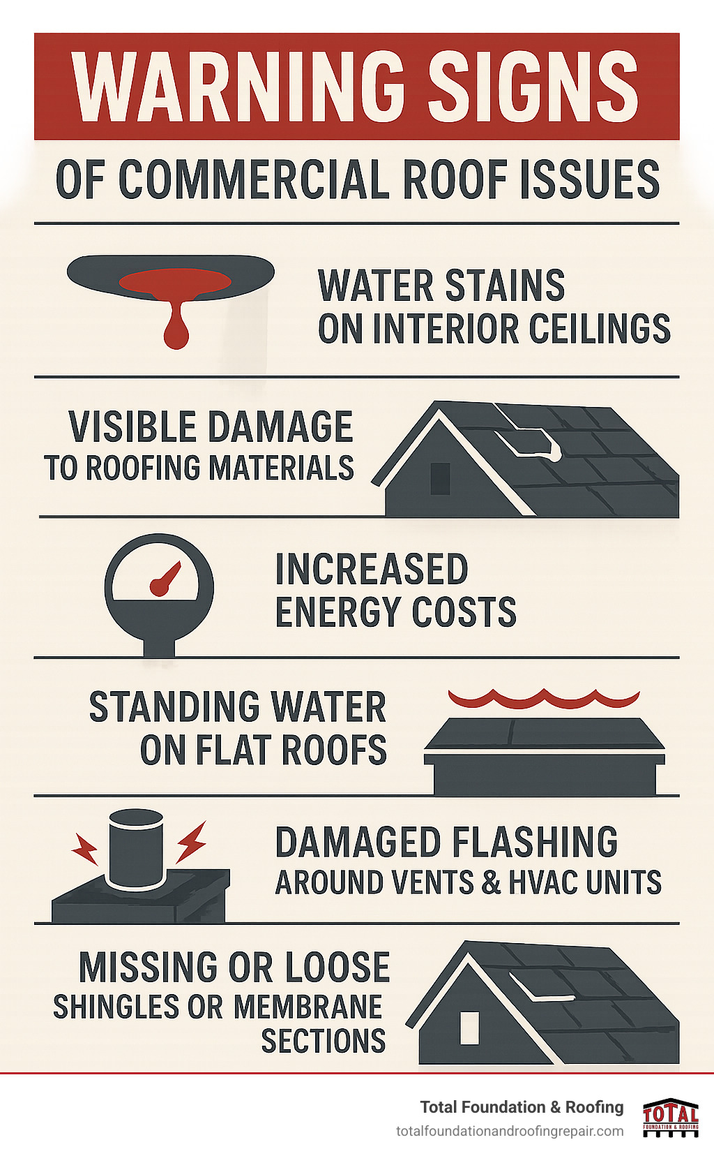Infographic showing key warning signs that indicate a commercial roof needs professional attention, including water stains on interior ceilings, visible damage to roofing materials, increased energy costs, standing water on flat roofs, damaged flashing around vents and HVAC units, and missing or loose shingles or membrane sections - commercial roofing company kerrville infographic Infographic showing key warning signs that indicate a commercial roof needs professional attention, including water stains on interior ceilings, visible damage to roofing materials, increased energy costs, standing water on flat roofs, damaged flashing around vents and HVAC units, and missing or loose shingles or membrane sections - commercial roofing company kerrville infographic